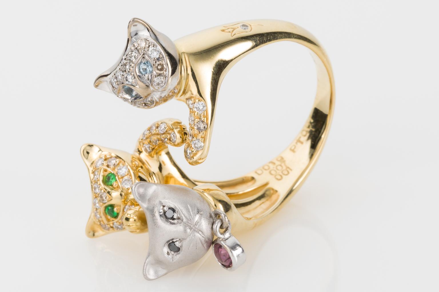 18 Karat Yellow and White Gold Diamond and Gemstone Set Cat Lovers Cocktail Ring 1