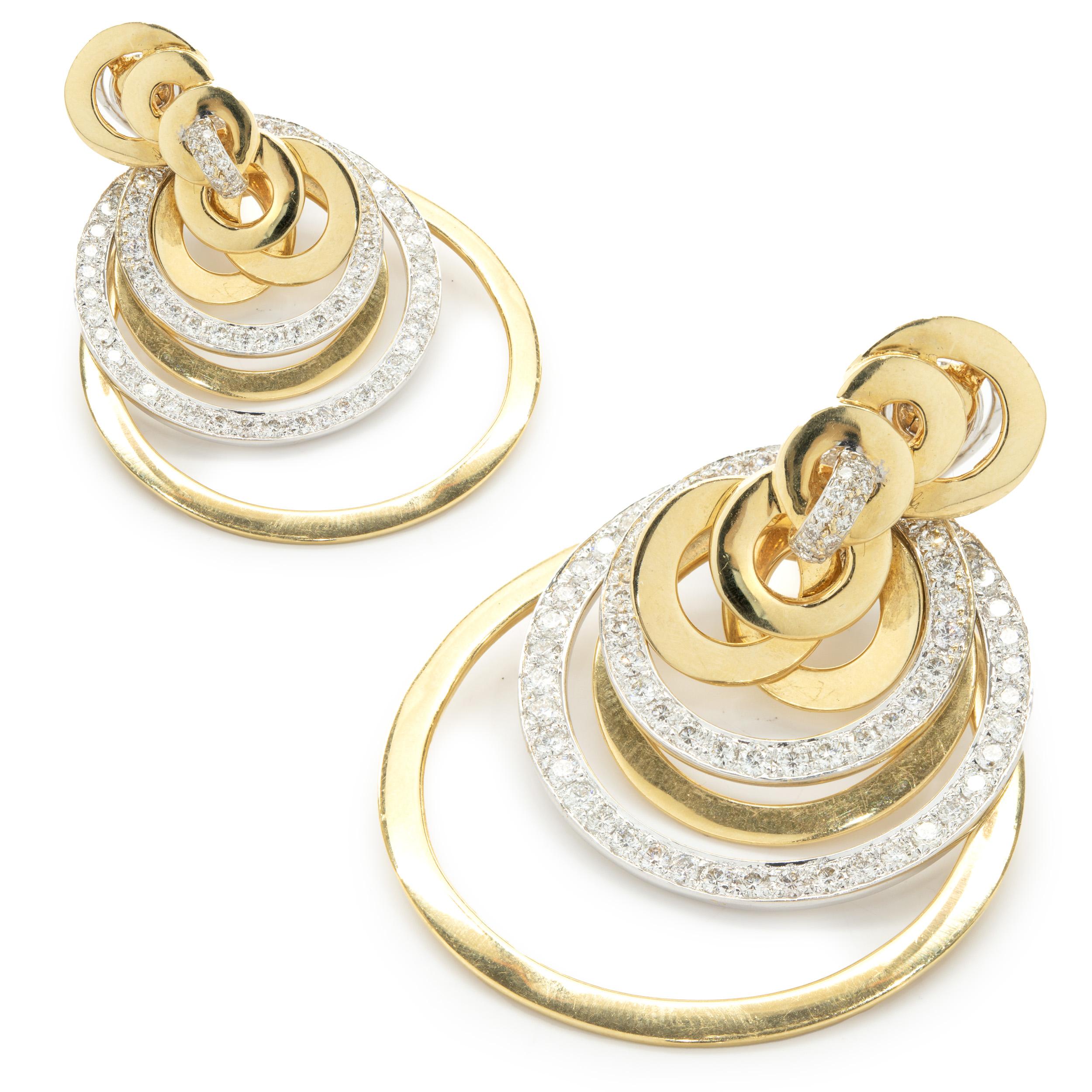 Round Cut 18 Karat Yellow & White Gold Diamond Layer Drop Earrings