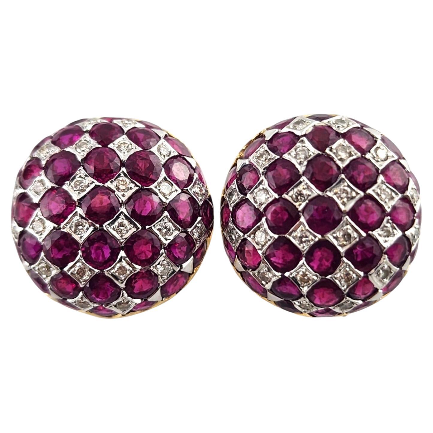 18 Karat Yellow & White Gold Diamond Natural Ruby Button Earrings #19020