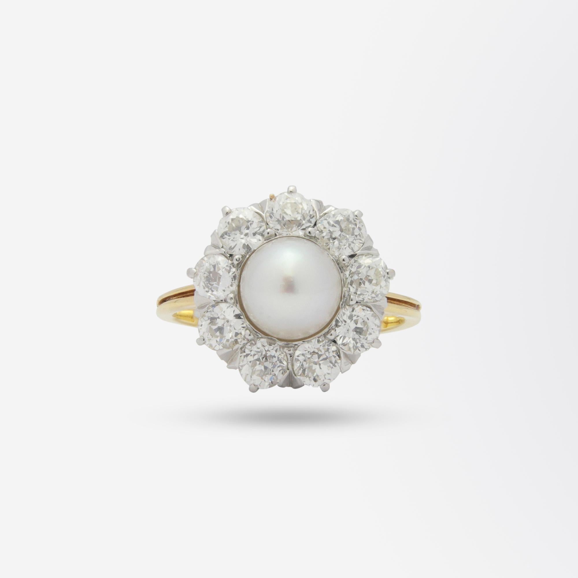 Art Deco 18 Karat Yellow & White Gold, Diamond & Pearl Posy Ring
