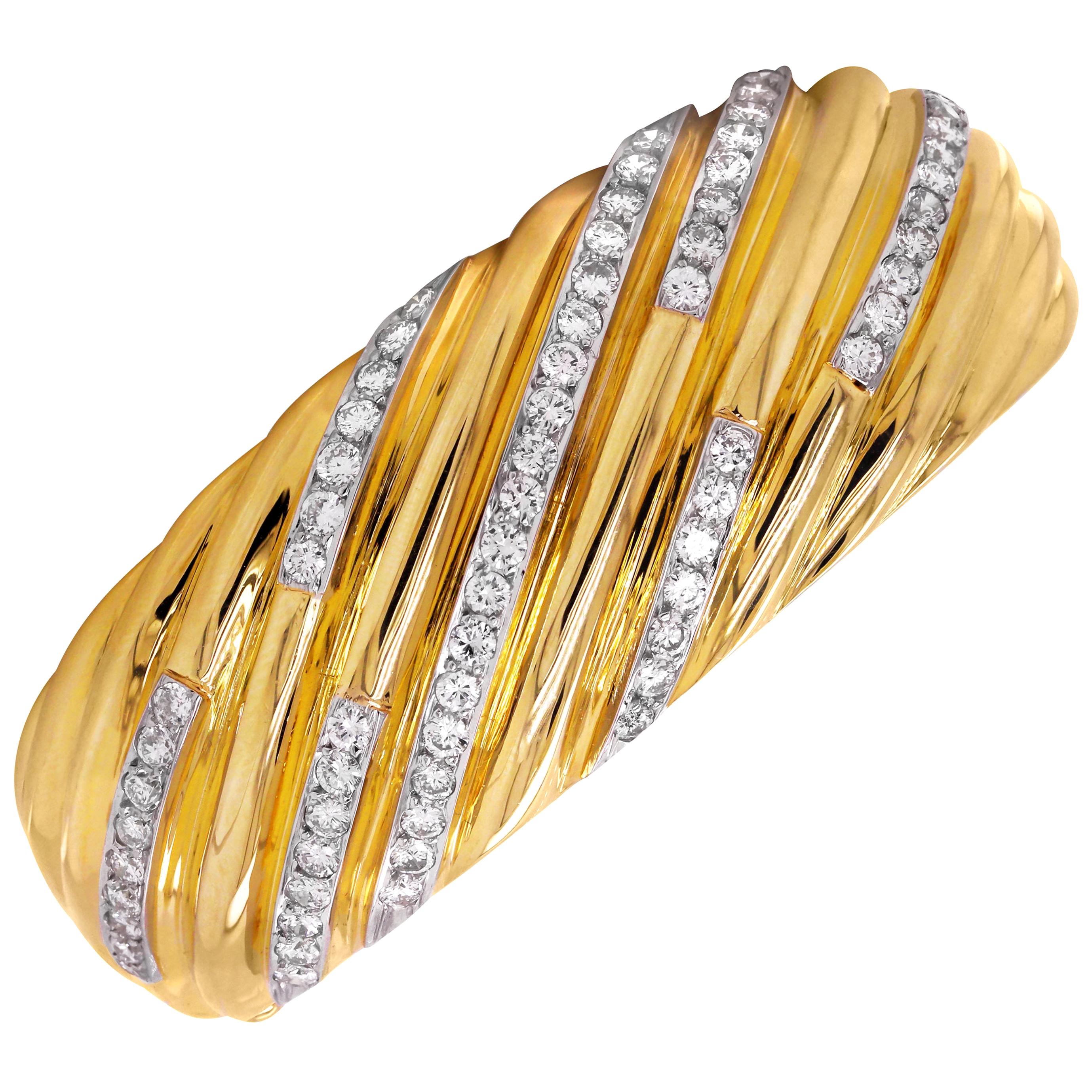 18 Karat Yellow White Gold Diamond Spiral Style Wide Bangle Bracelet