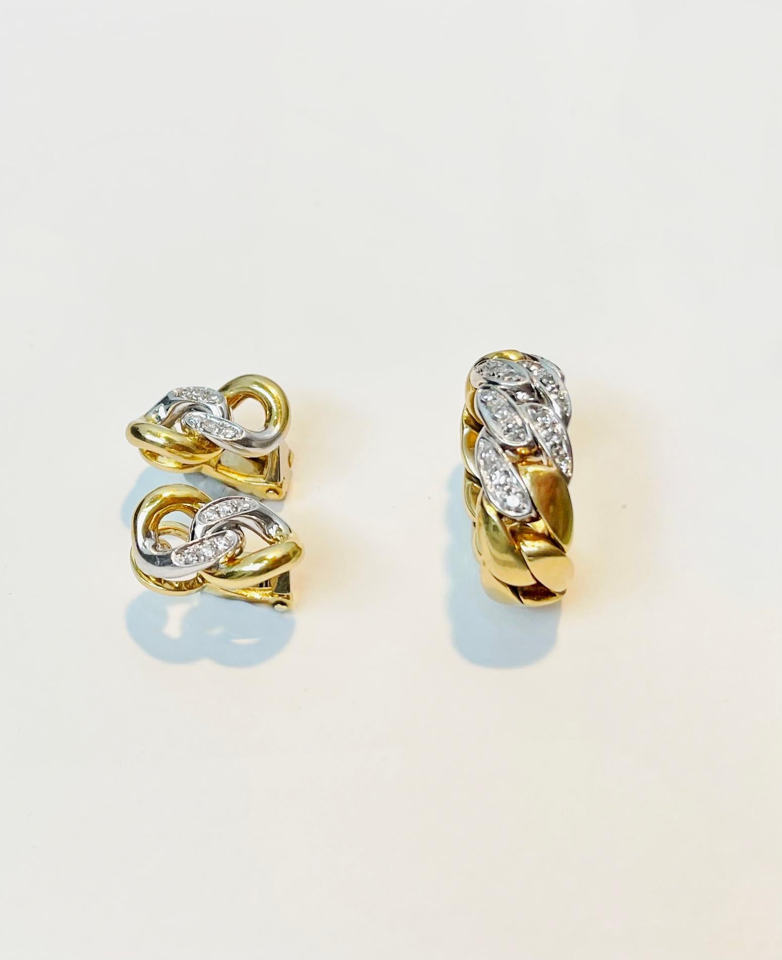 Taille brillant Pomellato, boucles d'oreilles demi-parure vintage en or jaune et blanc 18 carats avec diamants en vente