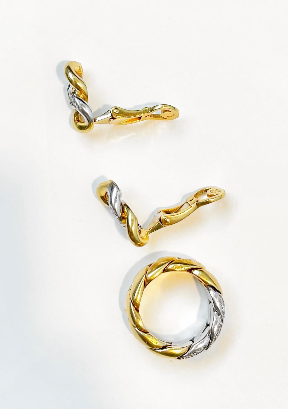 Pomellato, boucles d'oreilles demi-parure vintage en or jaune et blanc 18 carats avec diamants Pour femmes en vente