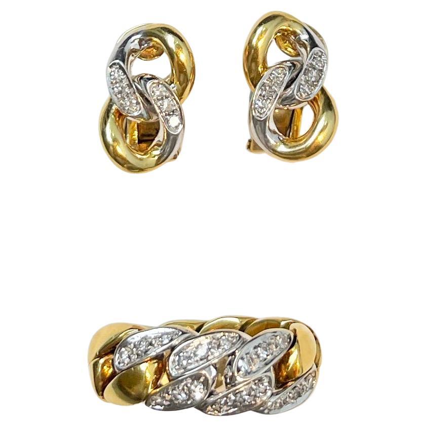 18 Karat Yellow White Gold Diamonds Vintage Pomellato Demi Parure Earrings Ring For Sale