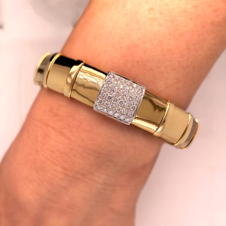 18 Karat Yellow White Gold Diamonds Square Center Bangle Bracelet For