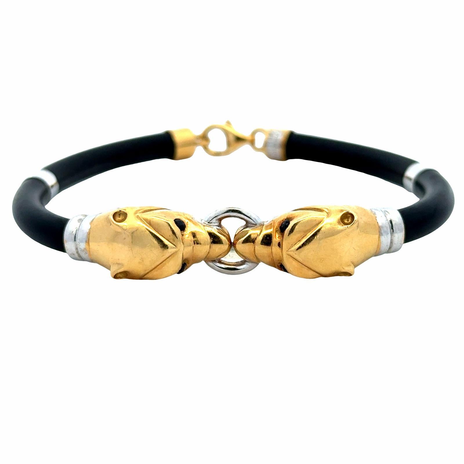 Bracelet en or jaune et blanc 18 carats avec panthère à double tête et cordon en caoutchouc noir en vente 1