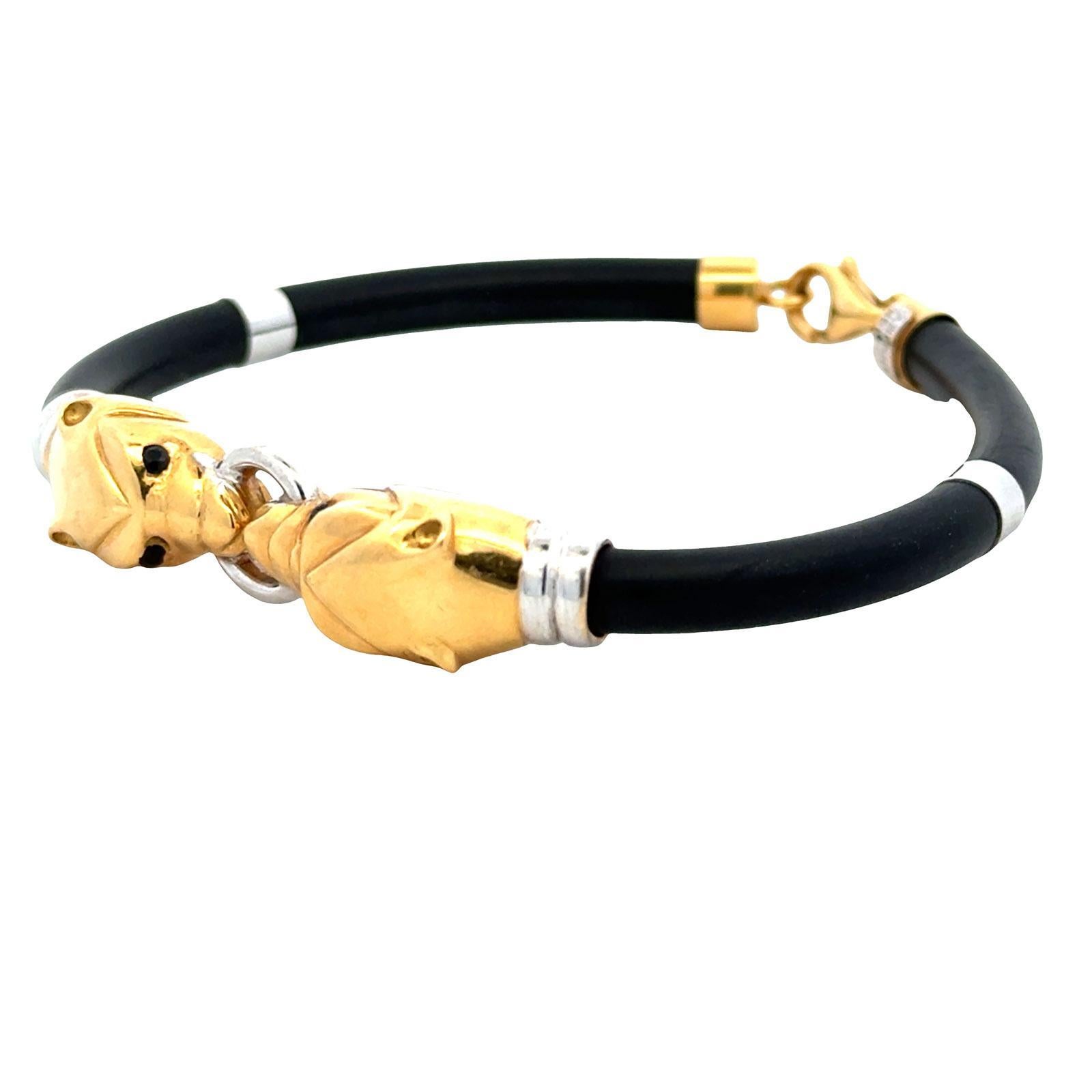 Bracelet en or jaune et blanc 18 carats avec panthère à double tête et cordon en caoutchouc noir en vente 2