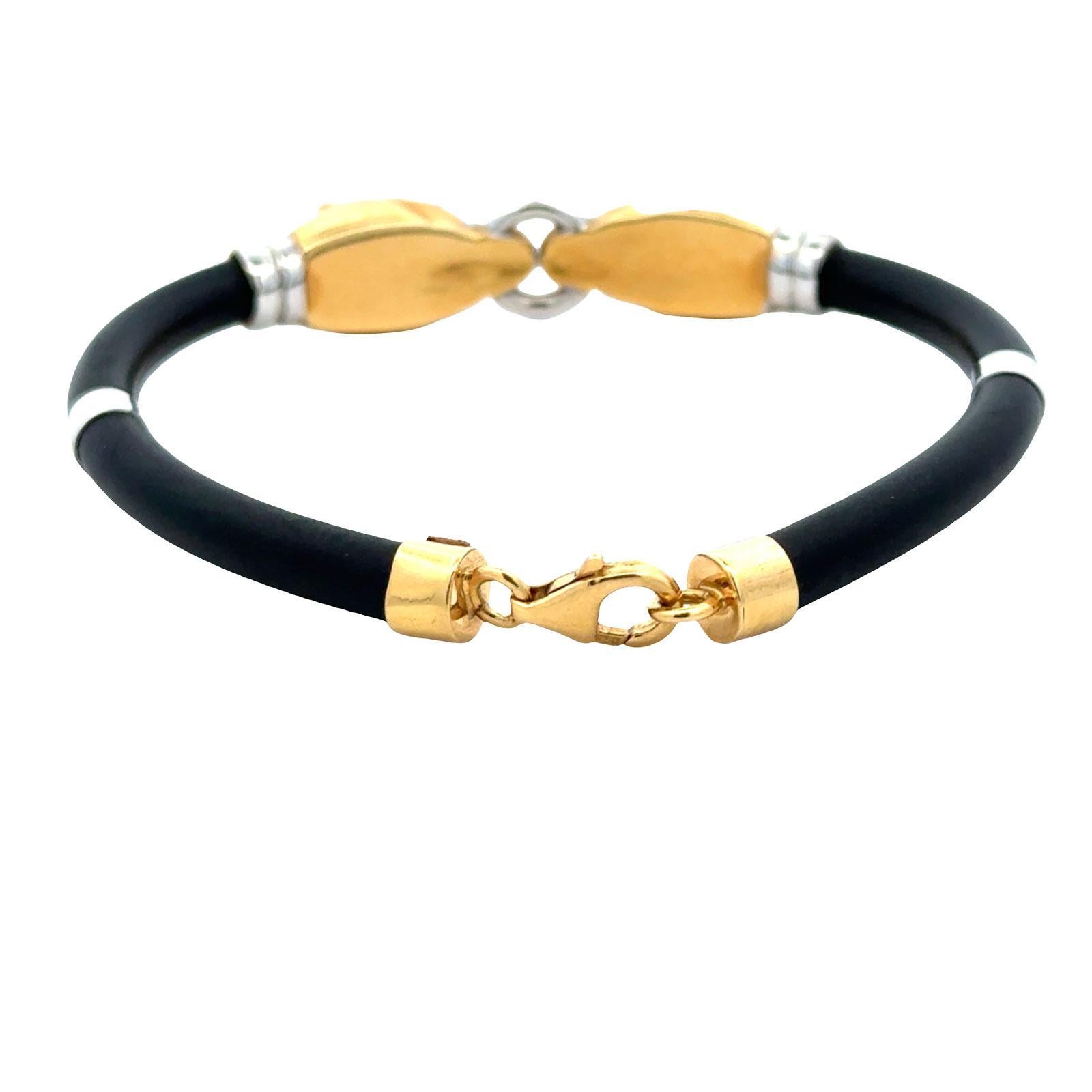 Bracelet en or jaune et blanc 18 carats avec panthère à double tête et cordon en caoutchouc noir en vente 3
