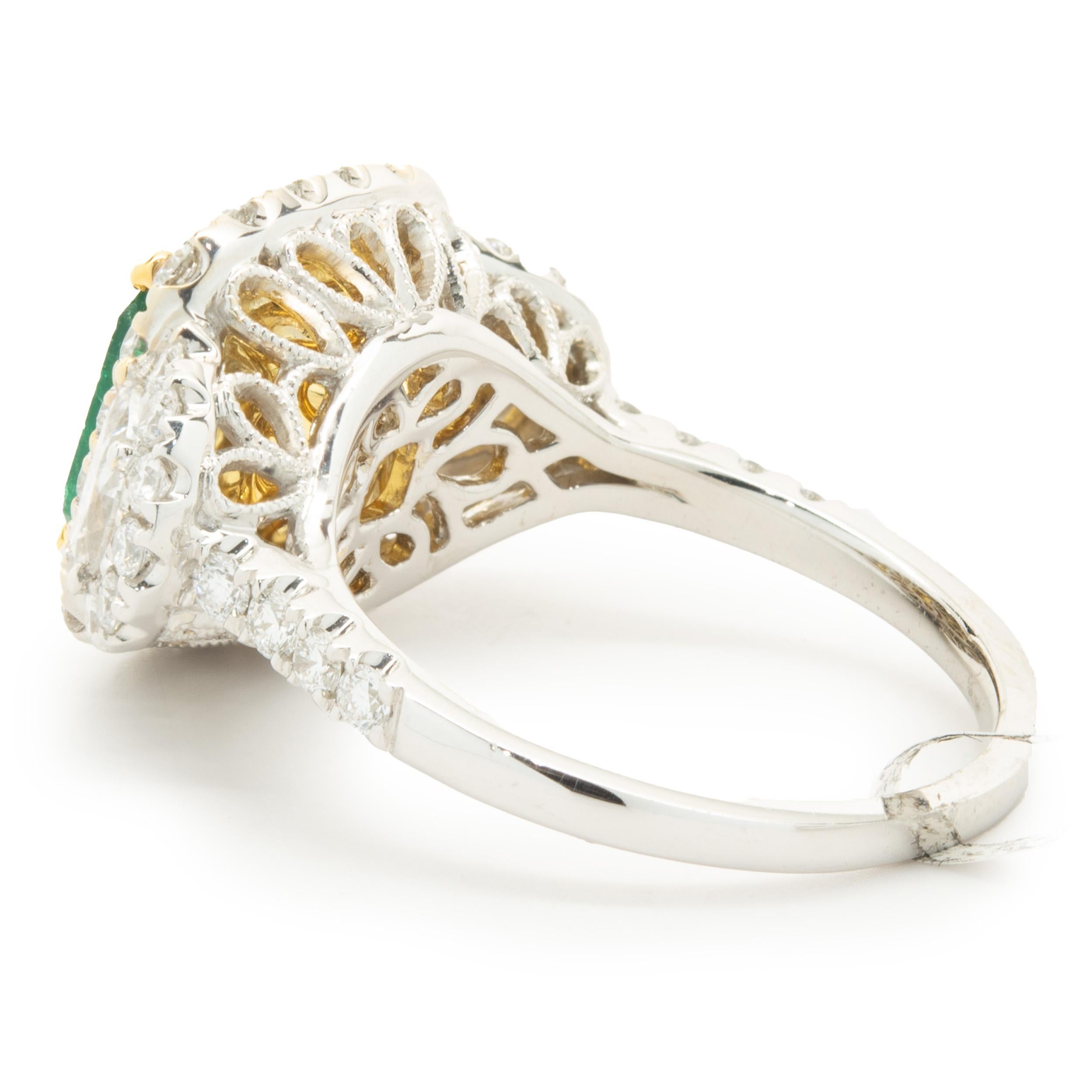 Round Cut 18 Karat Yellow & White Gold Emerald and Pave Diamond Cocktail Ring For Sale