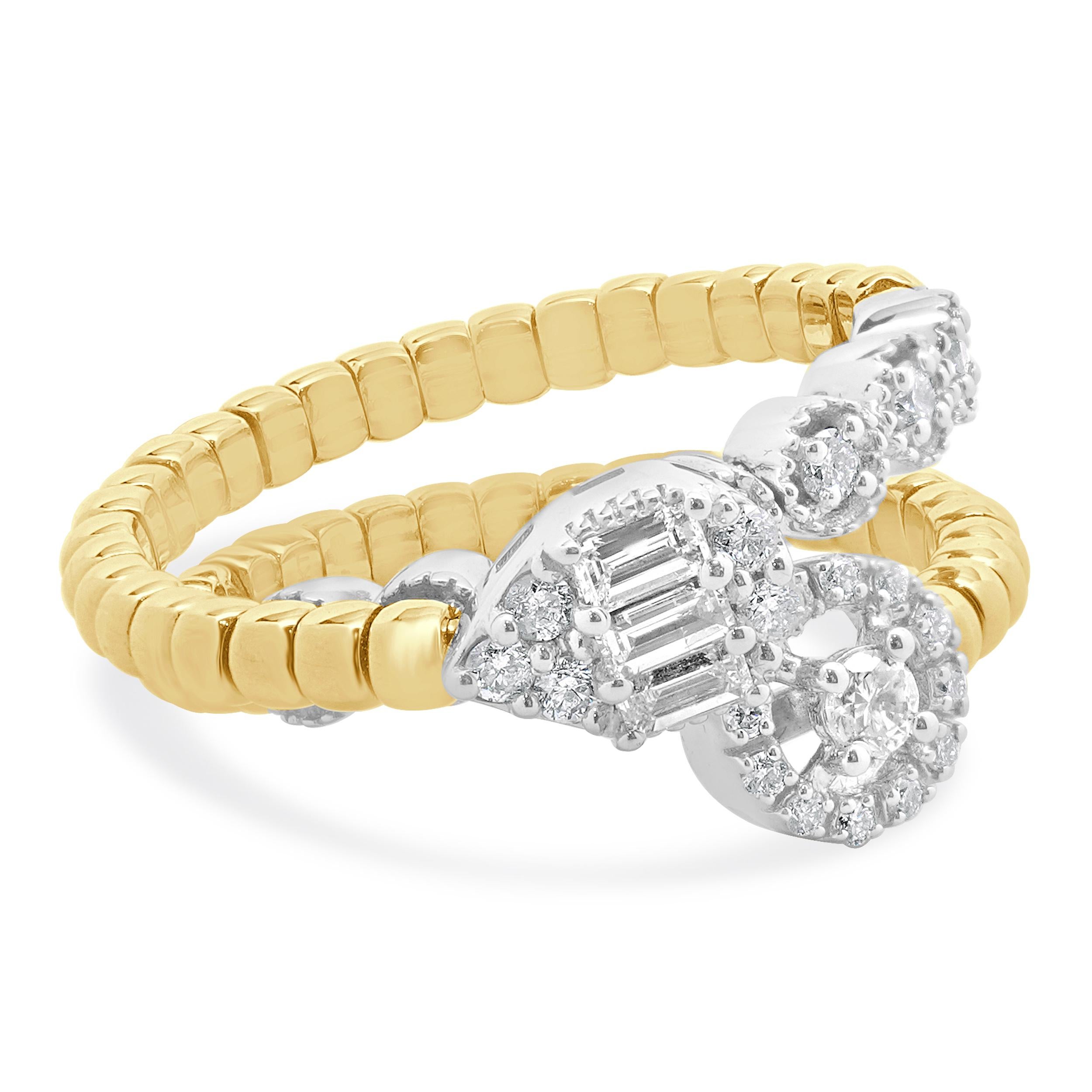 Designer: custion
Material: 18K white & yellow gold
Diamond:  28 round & baguette cut = 0.58cttw
Color: H
Clarity: SI1-2
Weight: 7.50 grams
