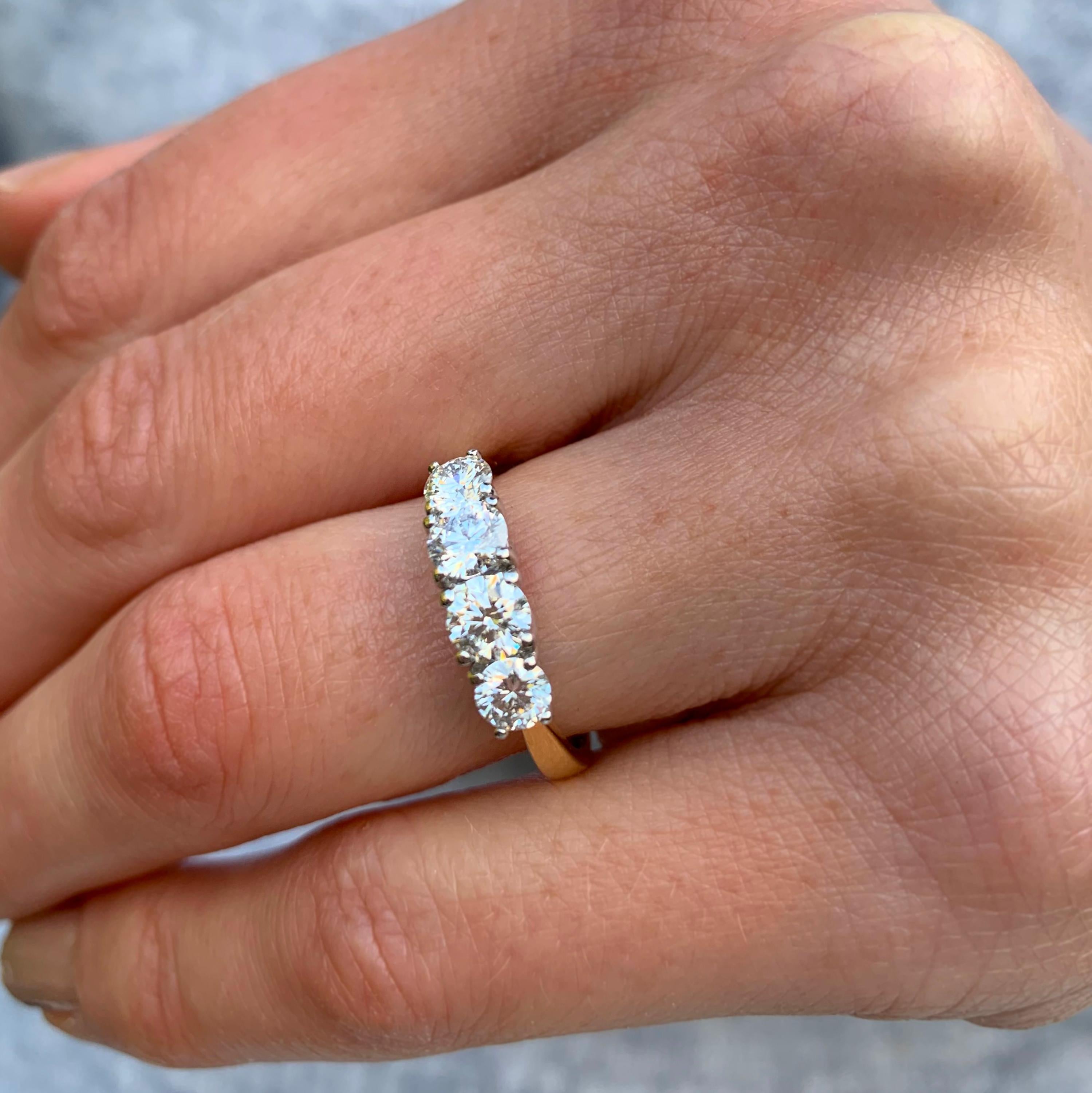 Women's 18 Karat Yellow White Gold Four Diamond Eternity Ring For Sale