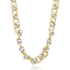 18 Karat Yellow & White Gold Greek Key Oval Link Necklace