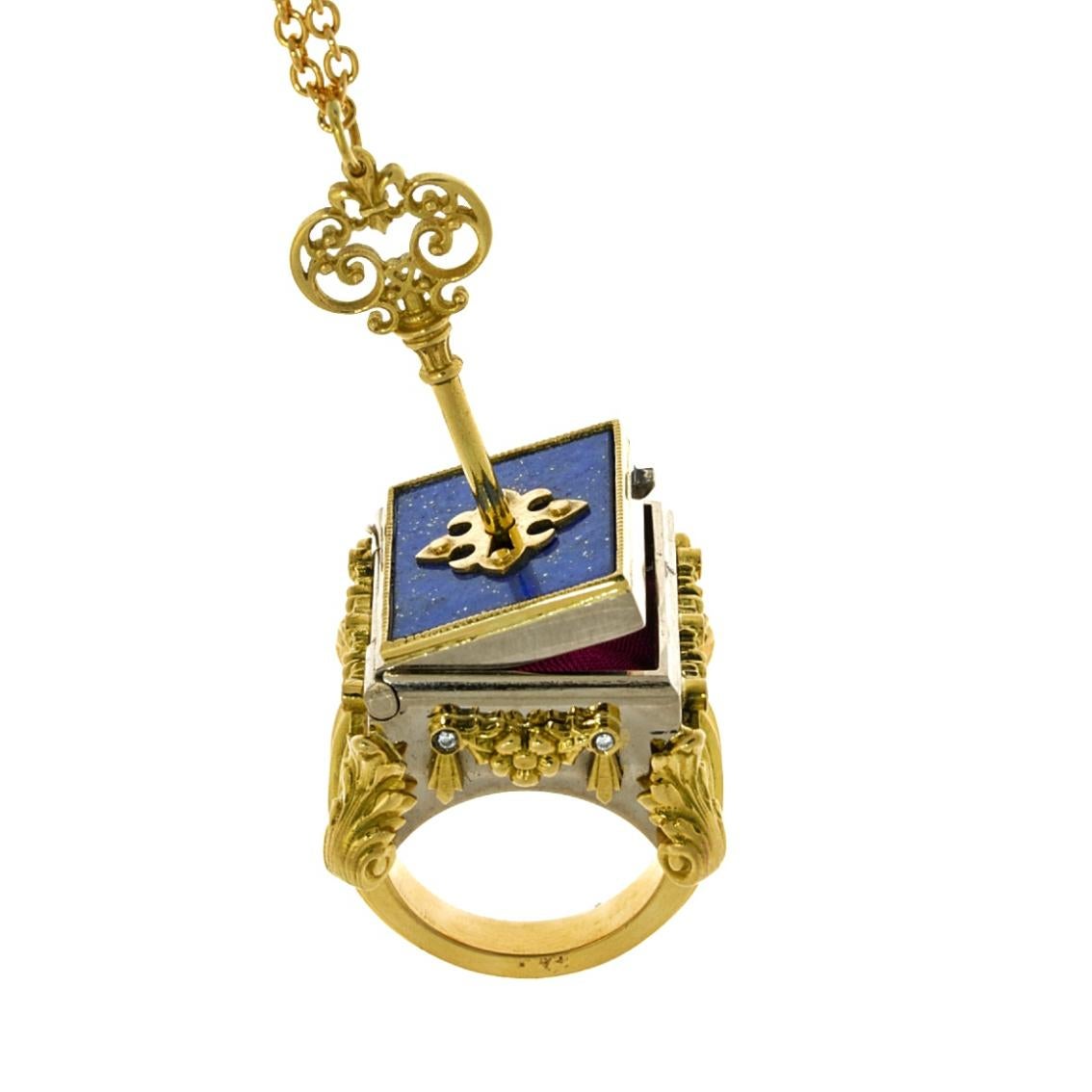 18 Karat Yellow and White Gold, Lapis Lazuli and Diamond Celestial Chamber Ring For Sale 4