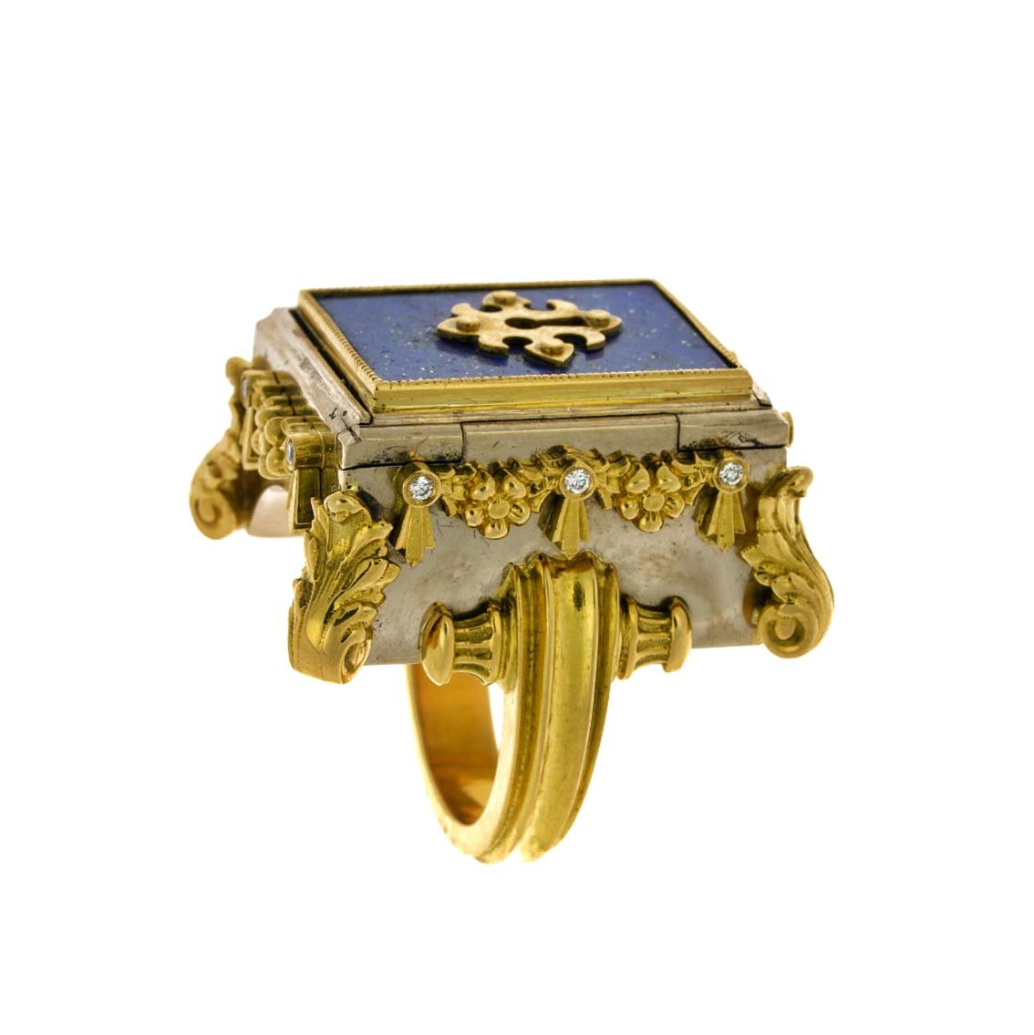 Cabochon 18 Karat Yellow and White Gold, Lapis Lazuli and Diamond Celestial Chamber Ring For Sale