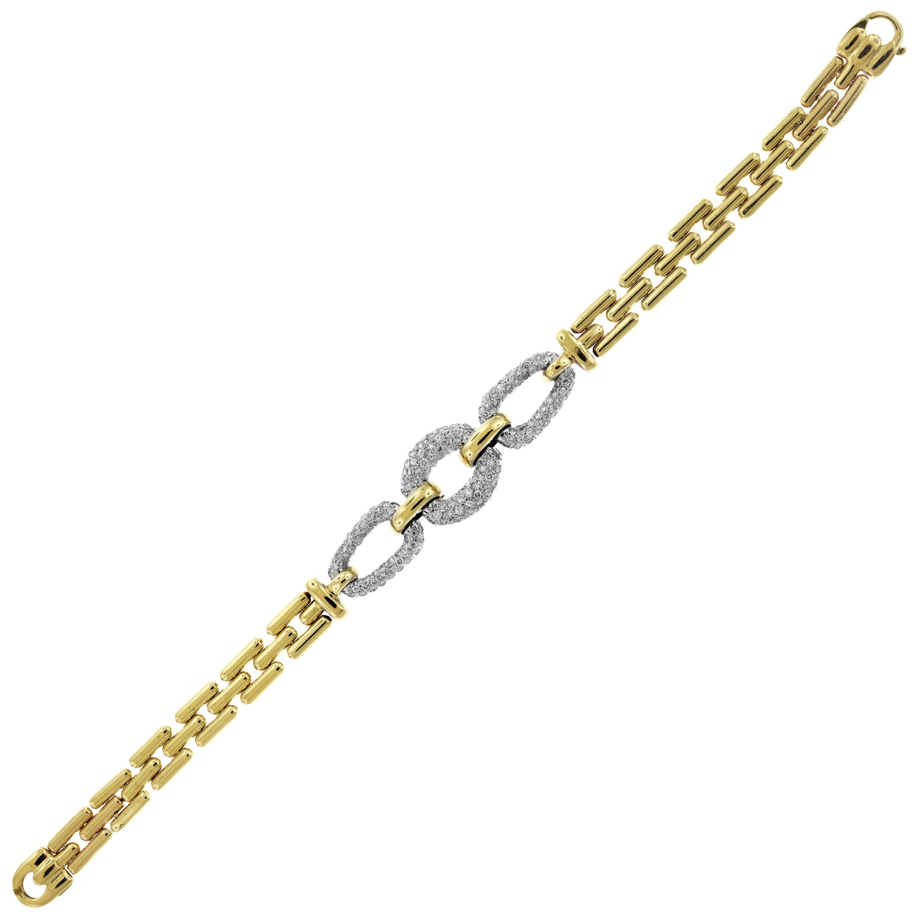 18 Karat Yellow White Gold Oval Center Diamond Square Link Bracelet