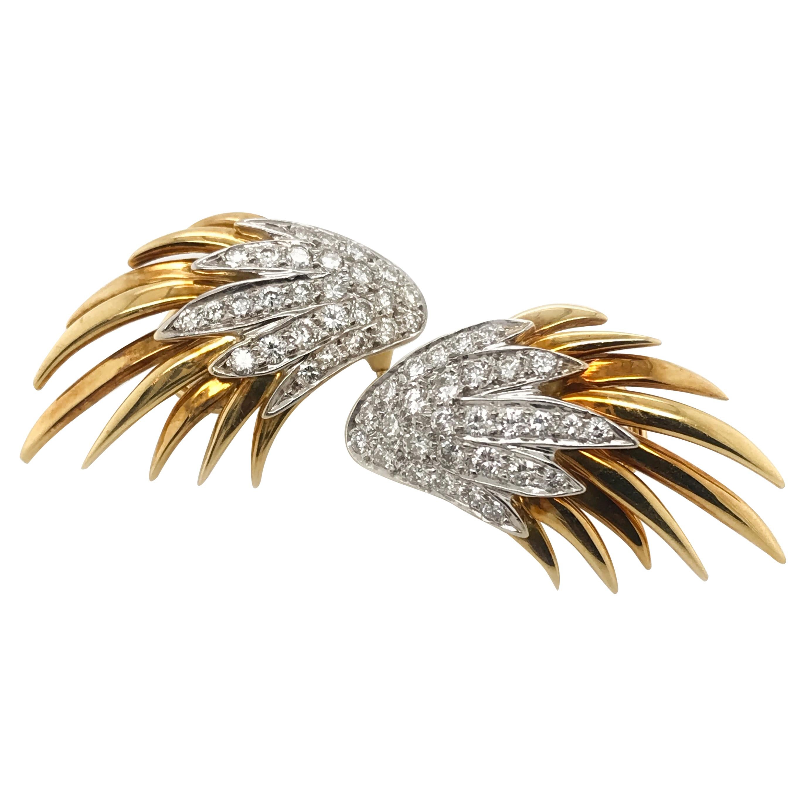 18 Karat Yellow and White Gold Pave Diamond Flame Earrings For Sale