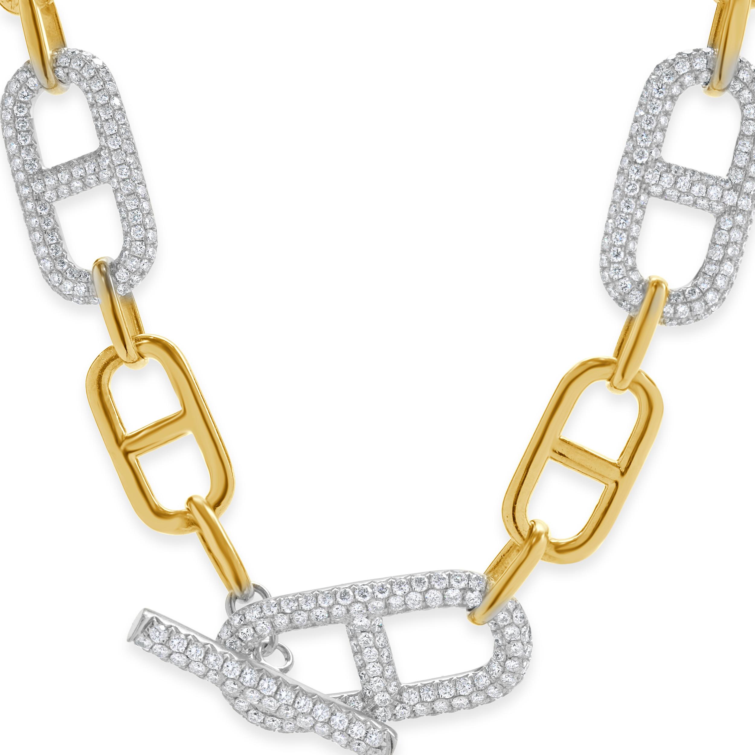 Designer: custom
Material: 18K yellow & white gold
Diamonds: 412 round brilliant cut = 4.95cttw
Color: G
Clarity: VS2
Dimensions: necklace measures 17.5-inches in length
Weight: 36.17 grams