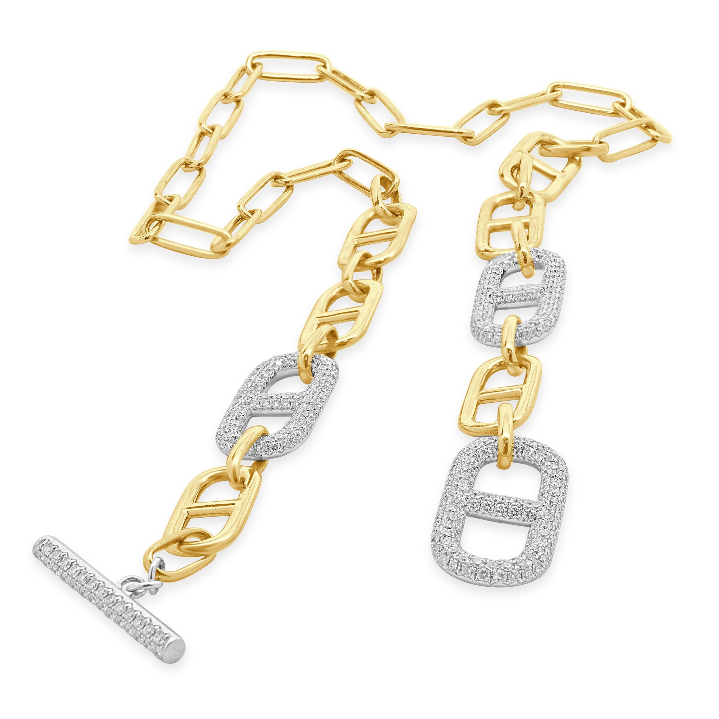 Round Cut 18 Karat Yellow & White Gold Pave Diamond Graduated Mariner Link Necklace