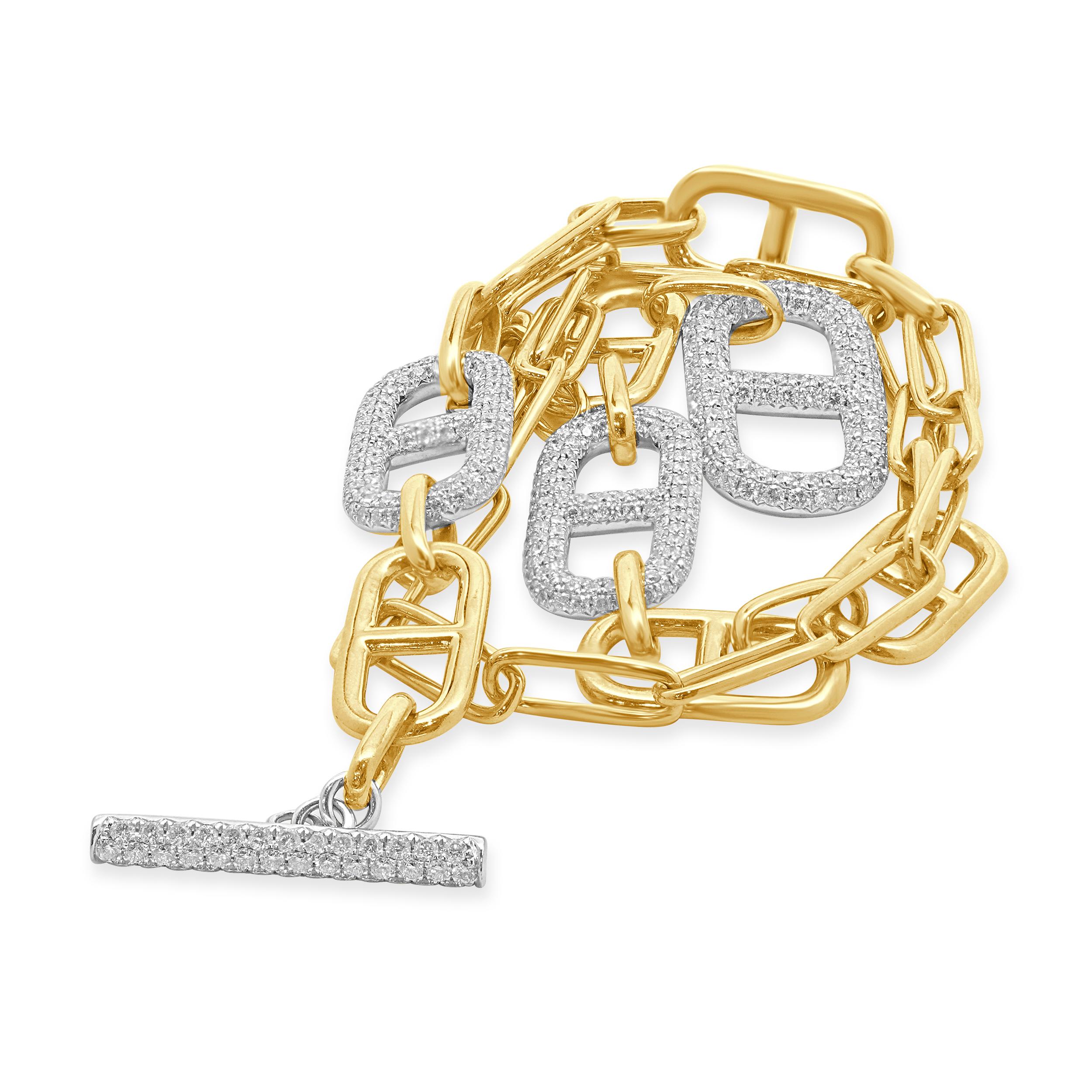 18 Karat Yellow & White Gold Pave Diamond Graduated Mariner Link Necklace In Excellent Condition In Scottsdale, AZ