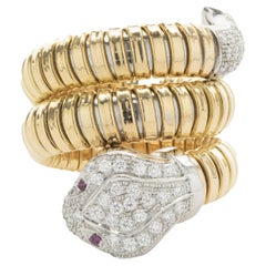 18 Karat Yellow & White Gold Pave Diamond Snake Ring