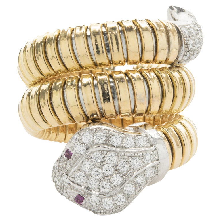 18 Karat Yellow and White Gold Pave Diamond Snake Ring For Sale at 1stDibs