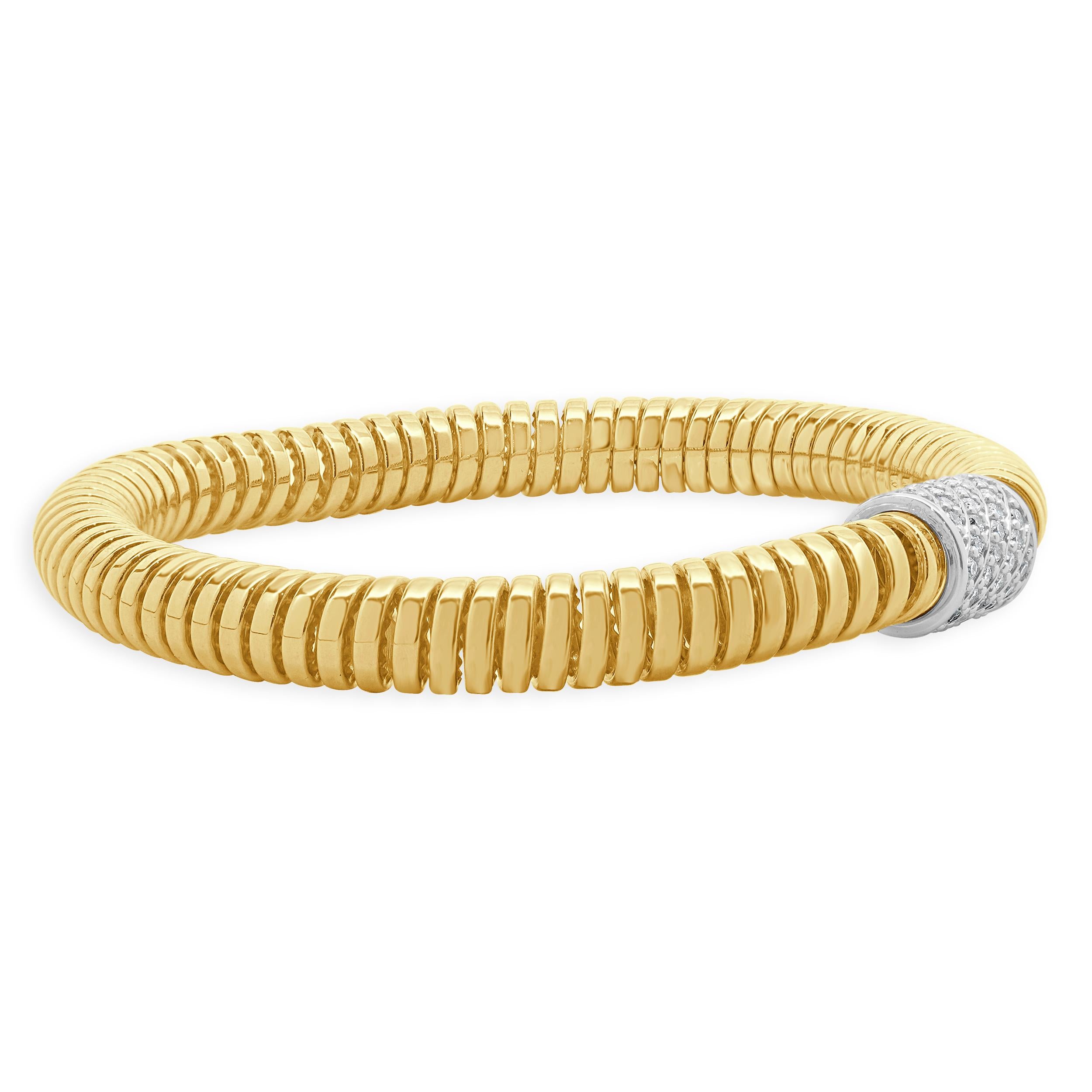 Designer: custom design
Material: 18K yellow & white gold
Diamond: round brilliant cut = 0.88cttw
Color: G / H
Clarity: VS-SI1
Dimensions: bracelet will fit up to a 7-inch wrist
Weight: 14.25 grams
