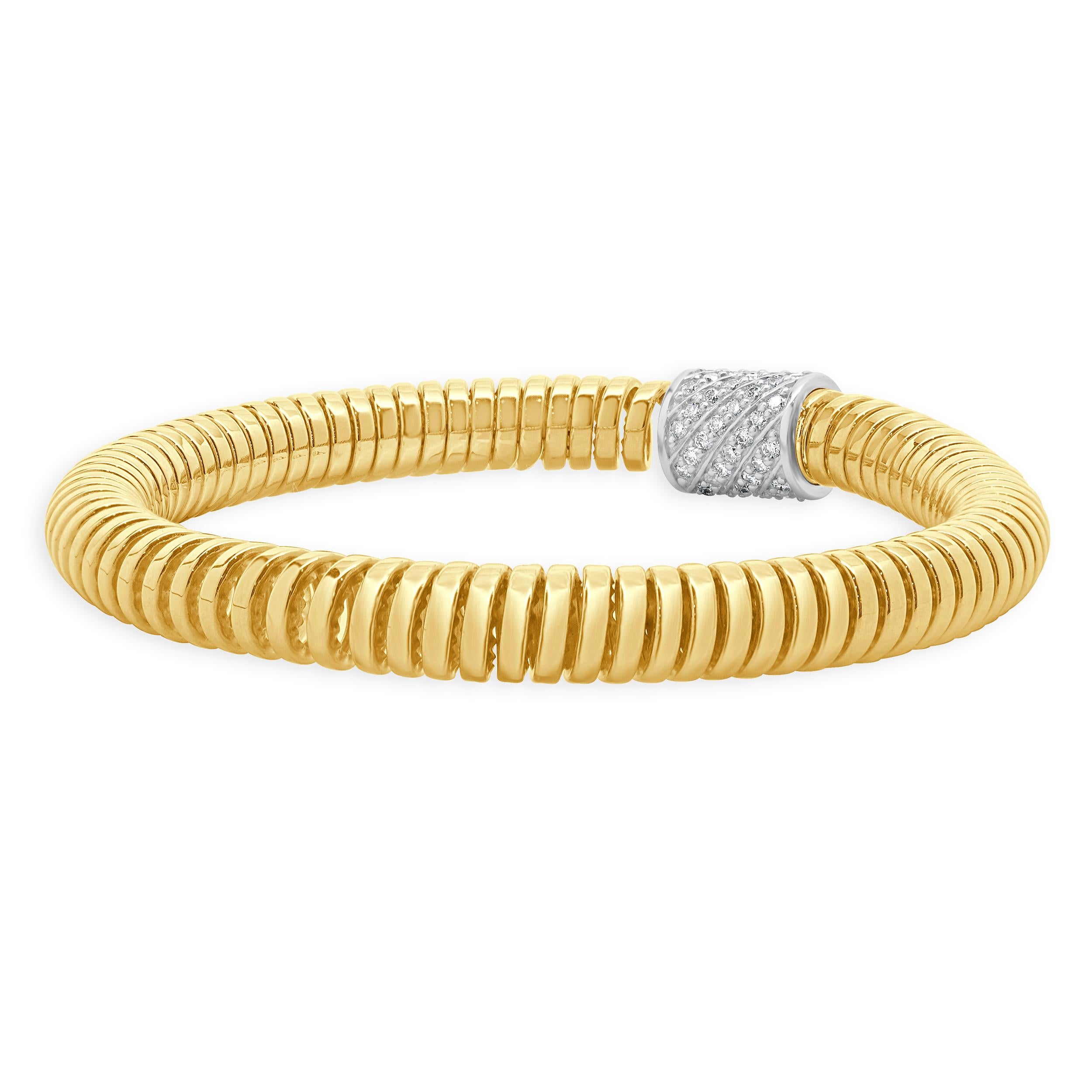 Round Cut 18 Karat Yellow & White Gold Pave Diamond Stretch Bracelet For Sale
