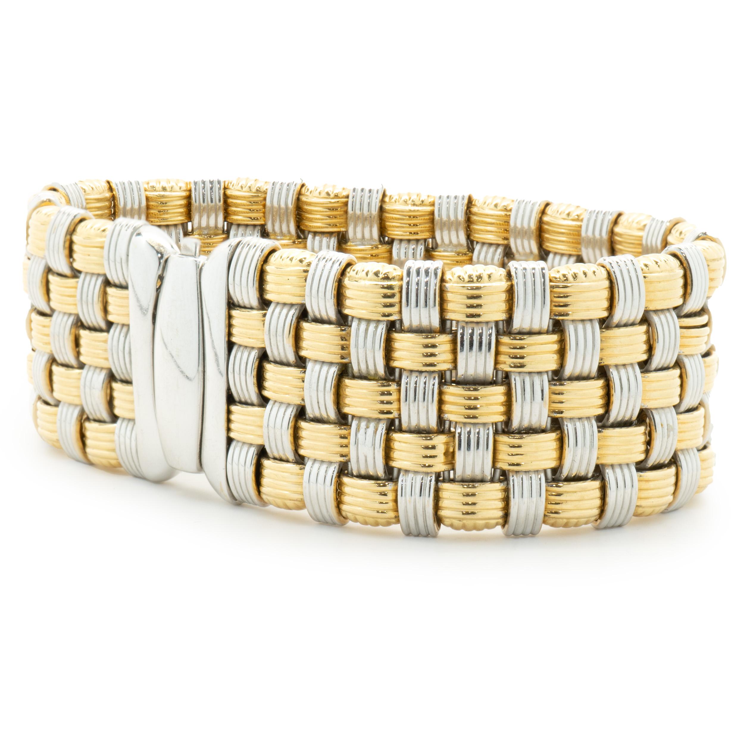 Material: 18K yellow & white gold
Dimensions: bracelet will fit up to an 7.5-inch wrist
Weight: 71.97 grams
