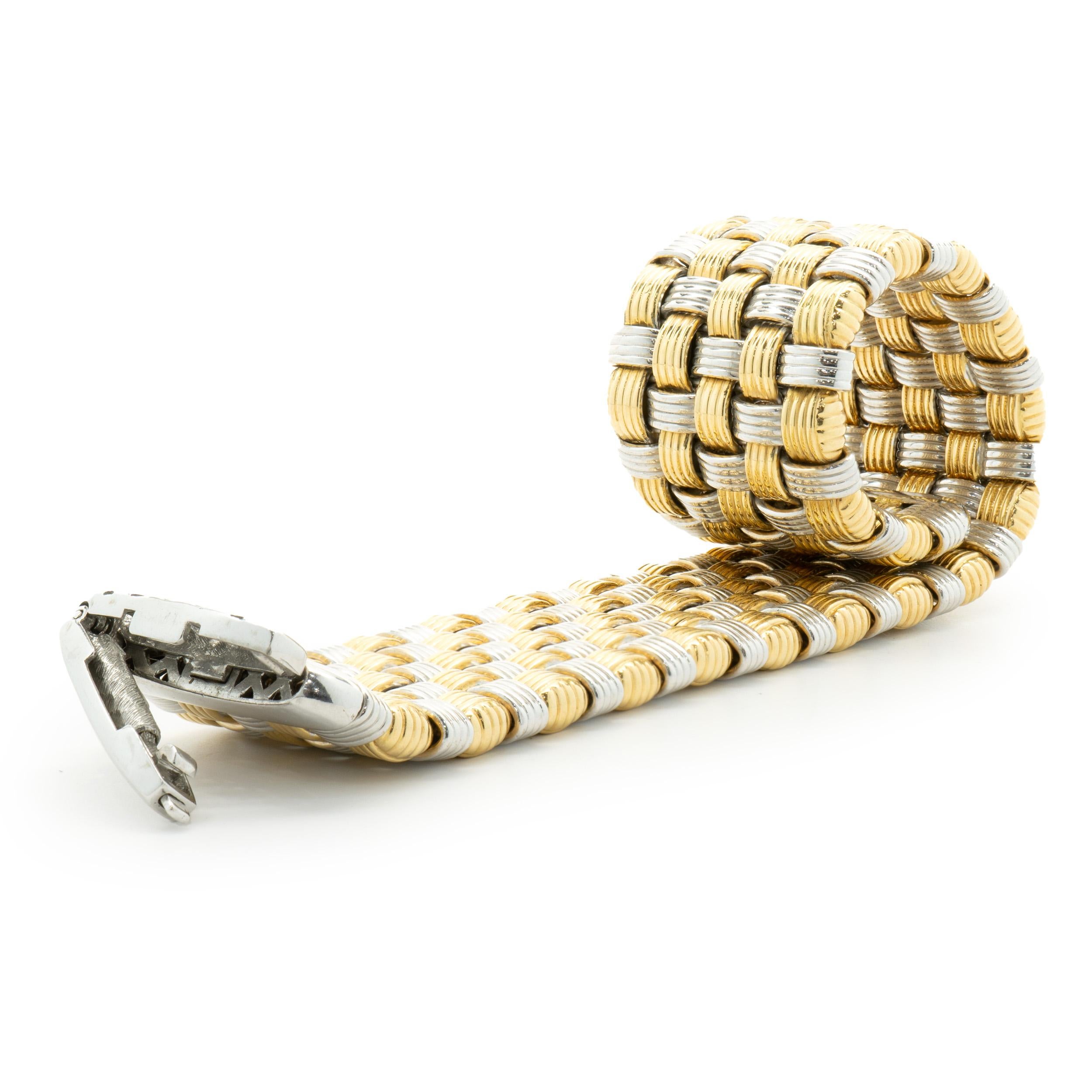 18 Karat Yellow & White Gold Wide Woven Bracelet In Excellent Condition For Sale In Scottsdale, AZ