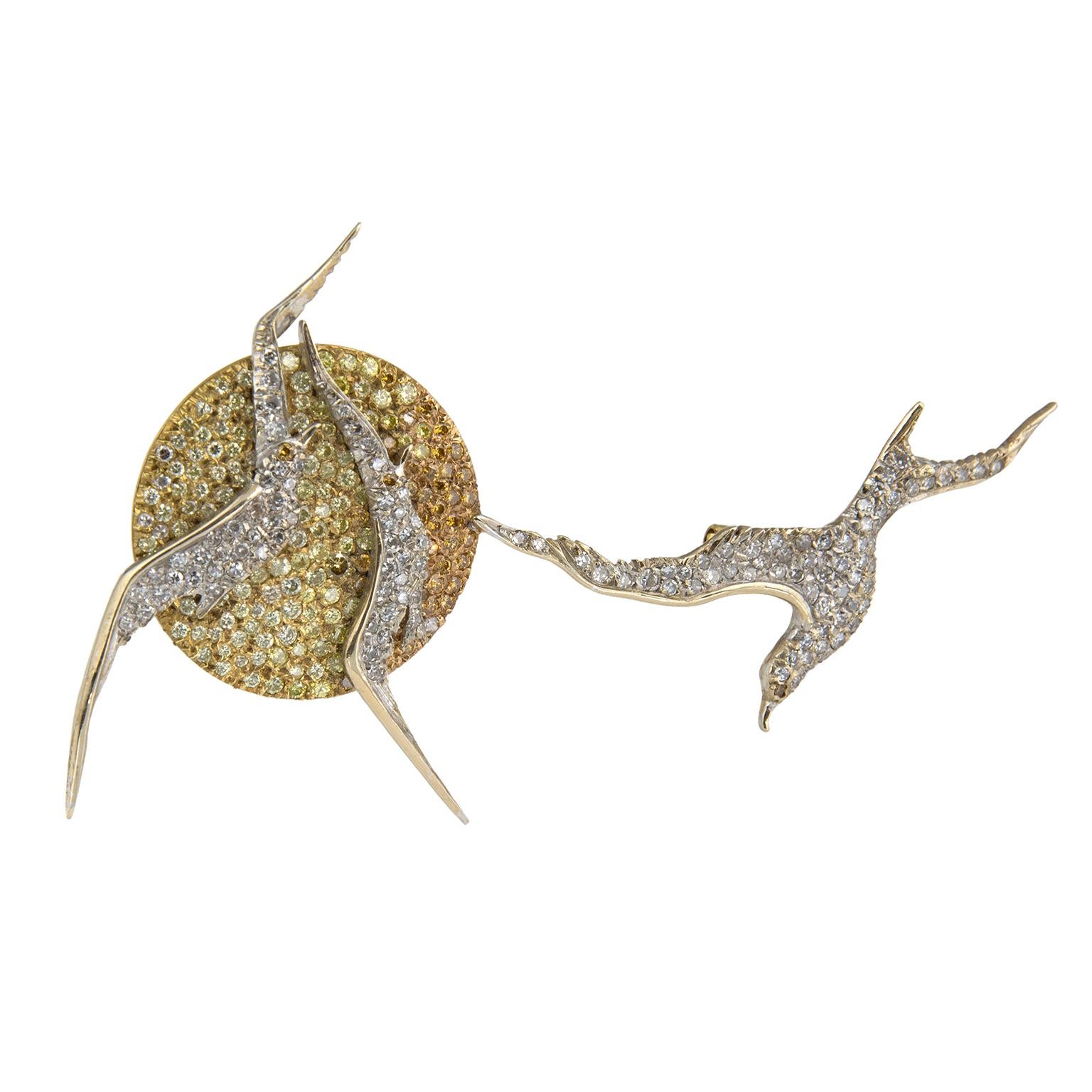 18 Karat Yellow White Red Gold Diamonds Brooch For Sale 1