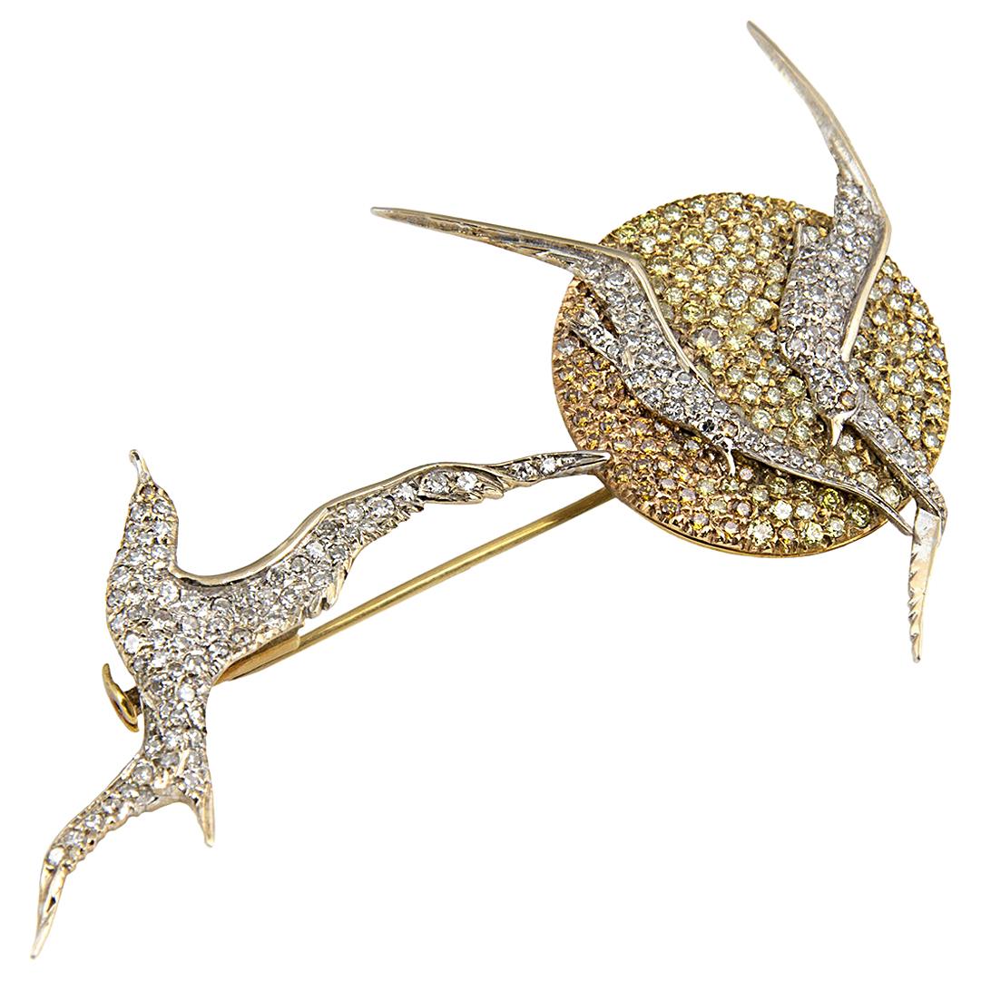 18 Karat Yellow White Red Gold Diamonds Brooch For Sale