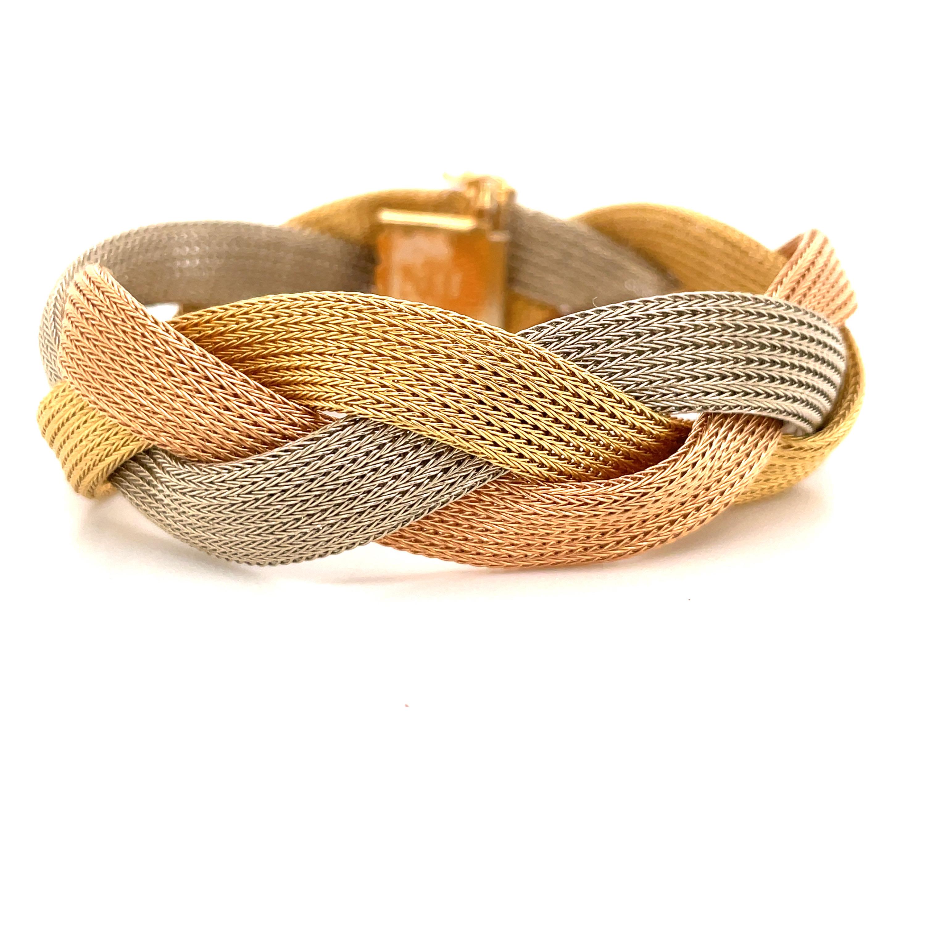 Contemporary Wide Woven Braided Bracelet 18 Karat Yellow White & Rose Gold 45.5 Grams For Sale