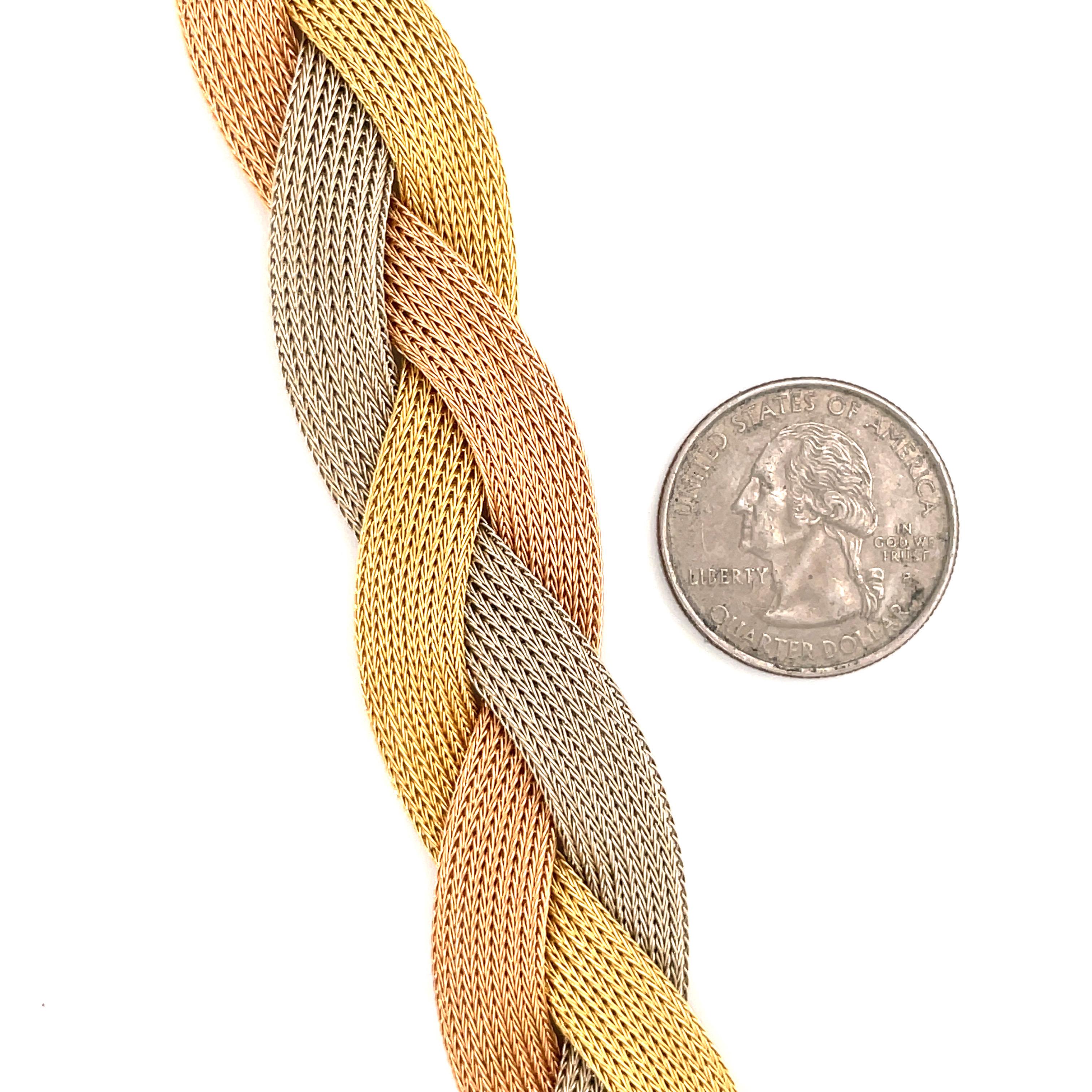 Wide Woven Braided Bracelet 18 Karat Yellow White & Rose Gold 45.5 Grams In Excellent Condition In New York, NY
