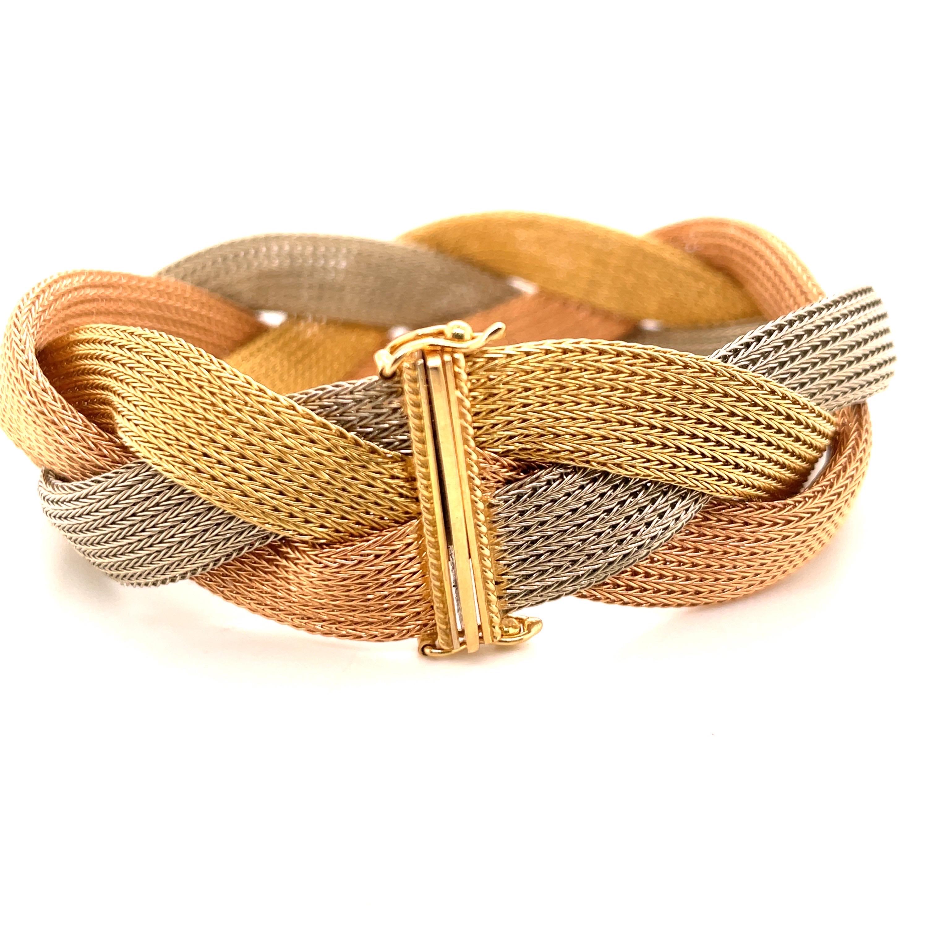 Wide Woven Braided Bracelet 18 Karat Yellow White & Rose Gold 45.5 Grams For Sale 1