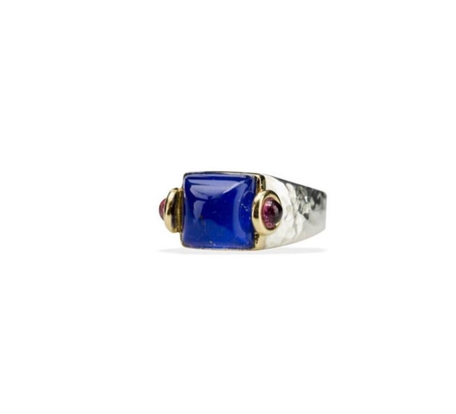 18 Karat Yellow&White Gold Rock Crystal Pink Tourmaline Lapis Lazuli Design Ring For Sale 5