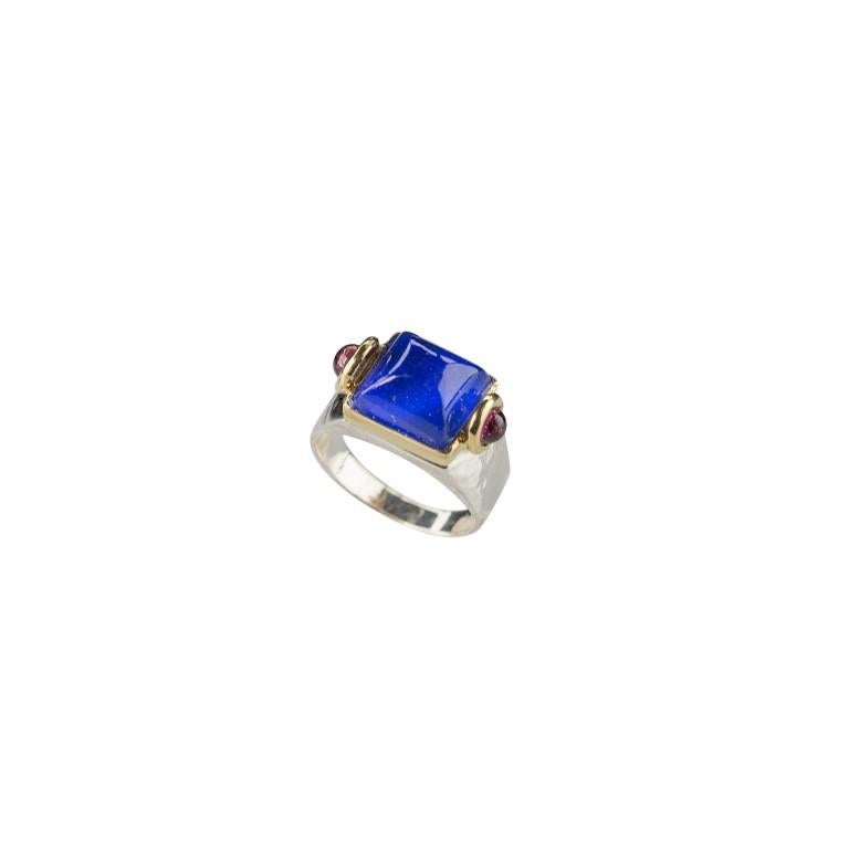 Art Deco 18 Karat Yellow&White Gold Rock Crystal Pink Tourmaline Lapis Lazuli Design Ring For Sale