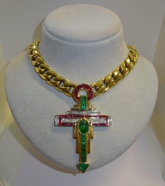 18 Karat Yelöow Gold Diamonds, Ruby, Emeralds  Necklace