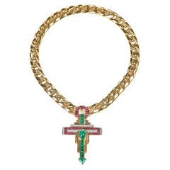 18 Karat Yelöow Gold Diamonds, Ruby, Emeralds  Necklace