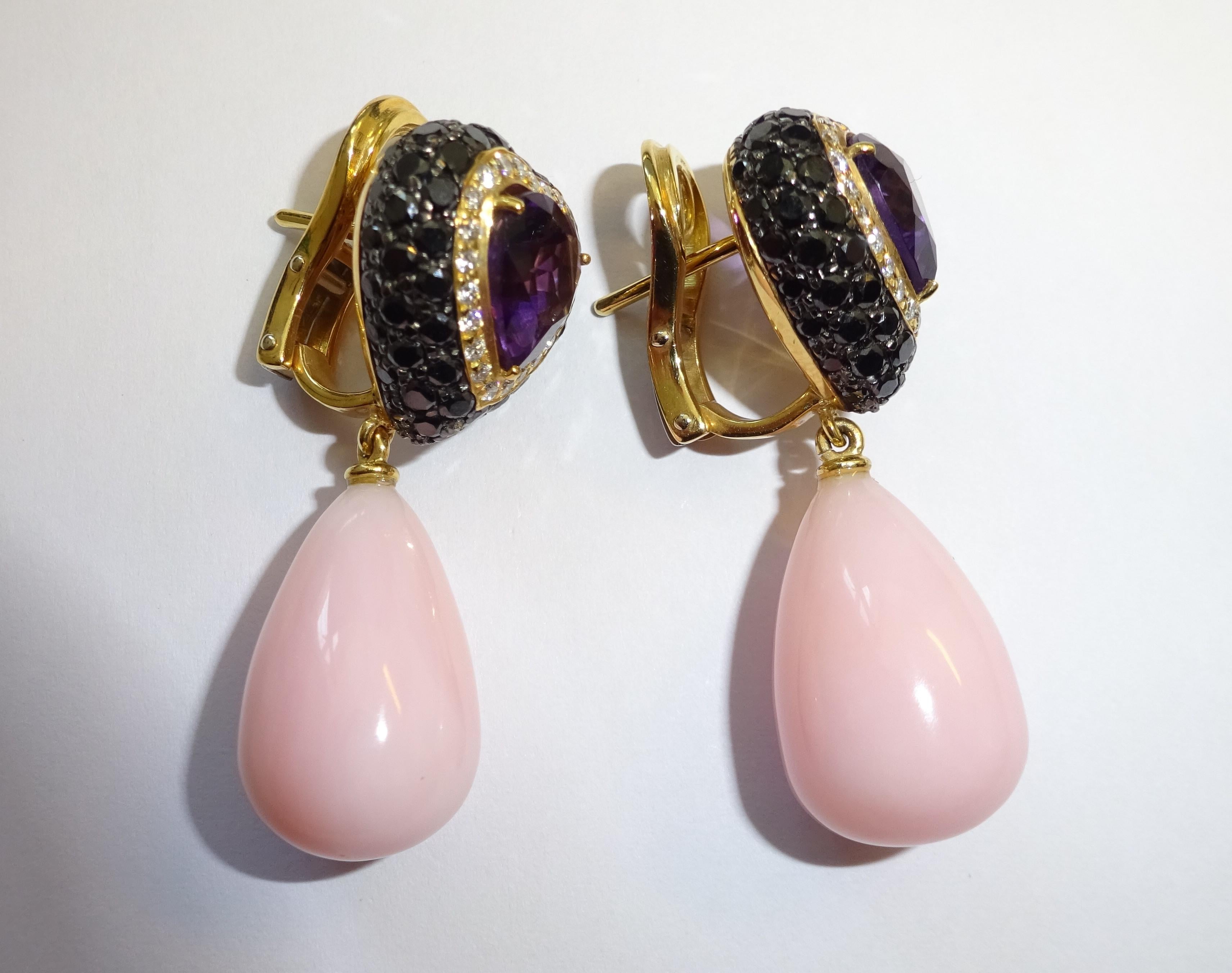 Modern 18 Karat Yelow Gold and Diamond, Amethyst, Rose Opal Dangle Earrings For Sale