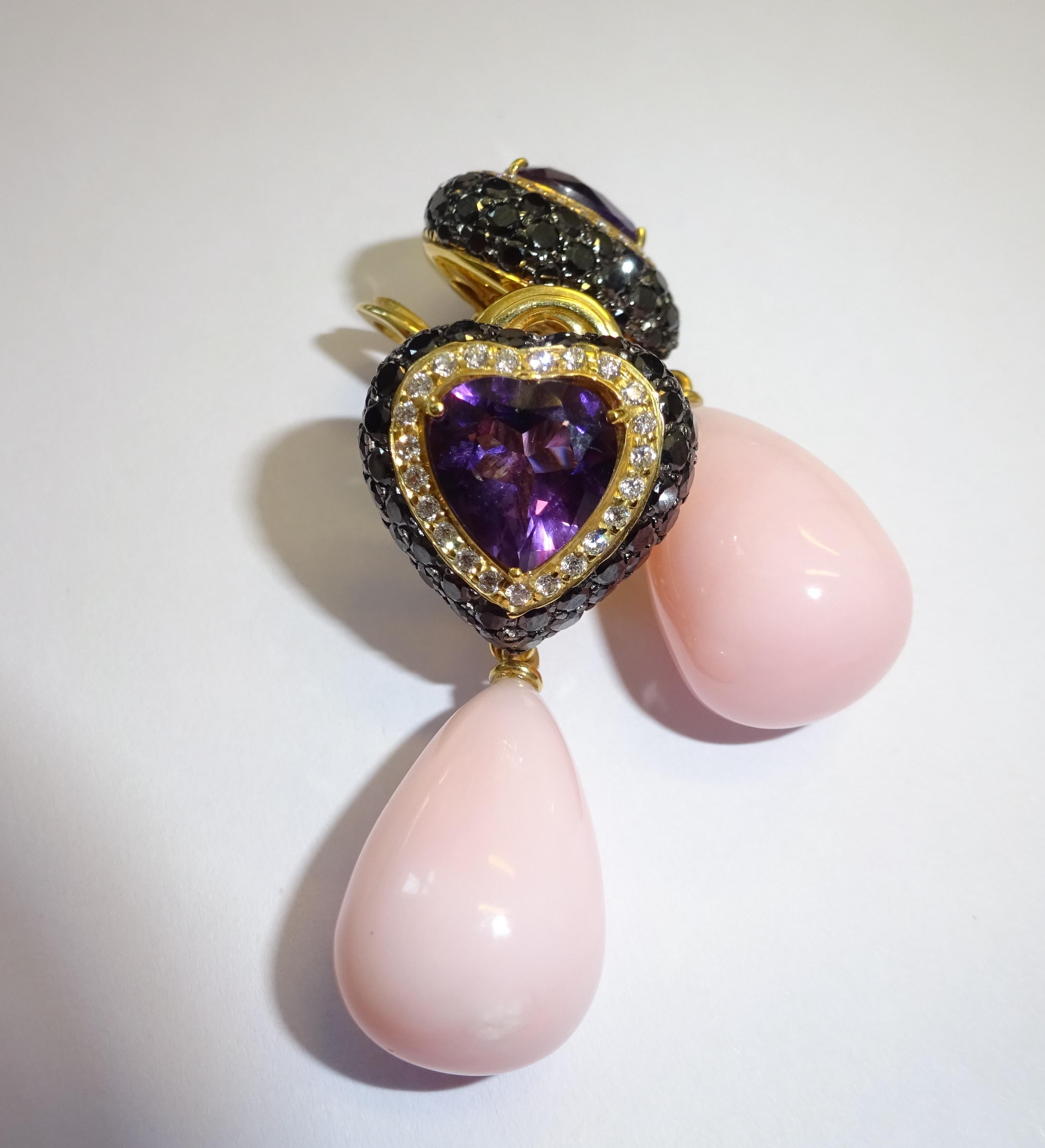 18 Karat Yelow Gold and Diamond, Amethyst, Rose Opal Dangle Earrings In New Condition For Sale In Duesseldorf, DE