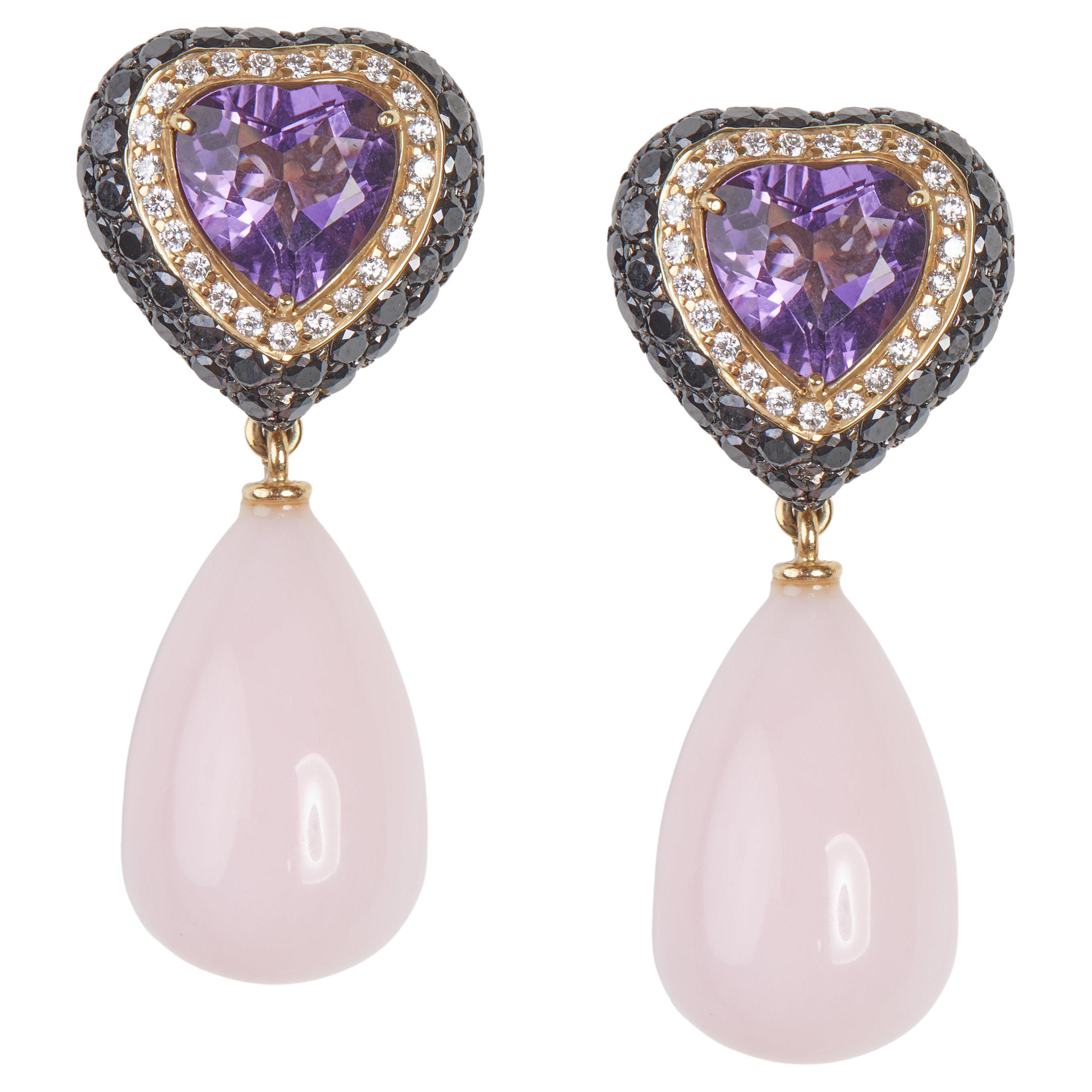 18 Karat Yelow Gold and Diamond, Amethyst, Rose Opal Dangle Earrings