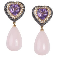 18 Karat Yelow Gold and Diamond, Amethyst, Rose Opal Dangle Earrings