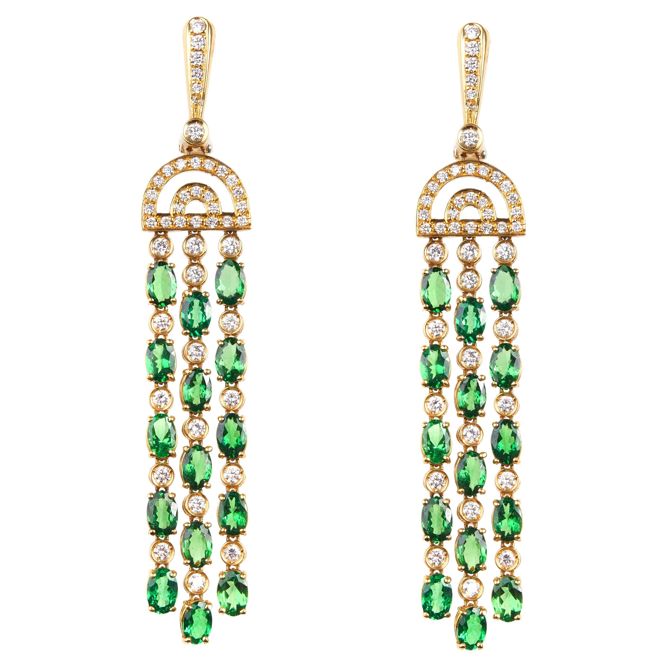 18 Karat Yelow Gold Tsavorite and Diamond Dangle Earrings