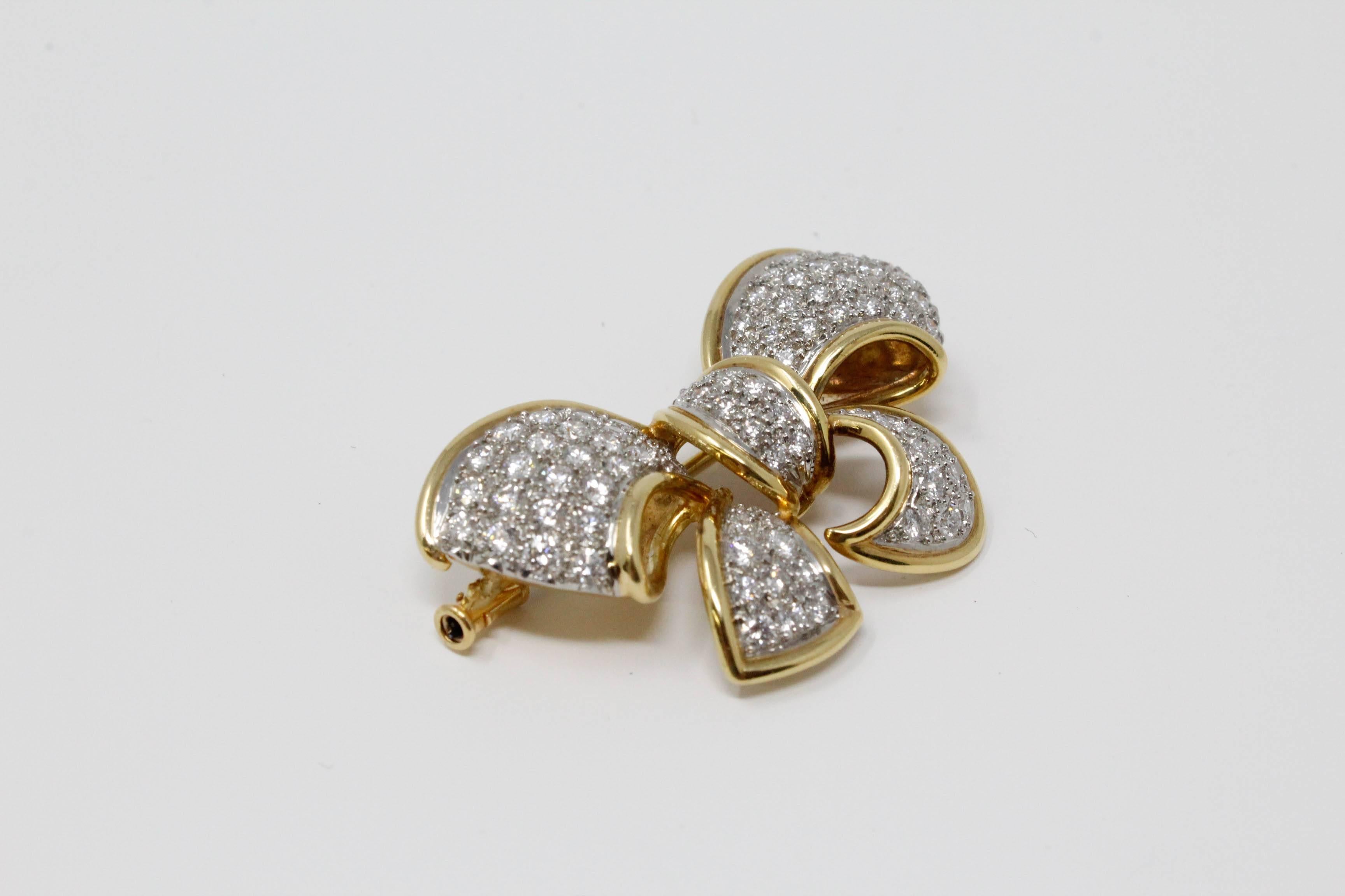 Women's 18 Karat Yellow Gold and Platinum Bow Pin with Diamonds For Sale