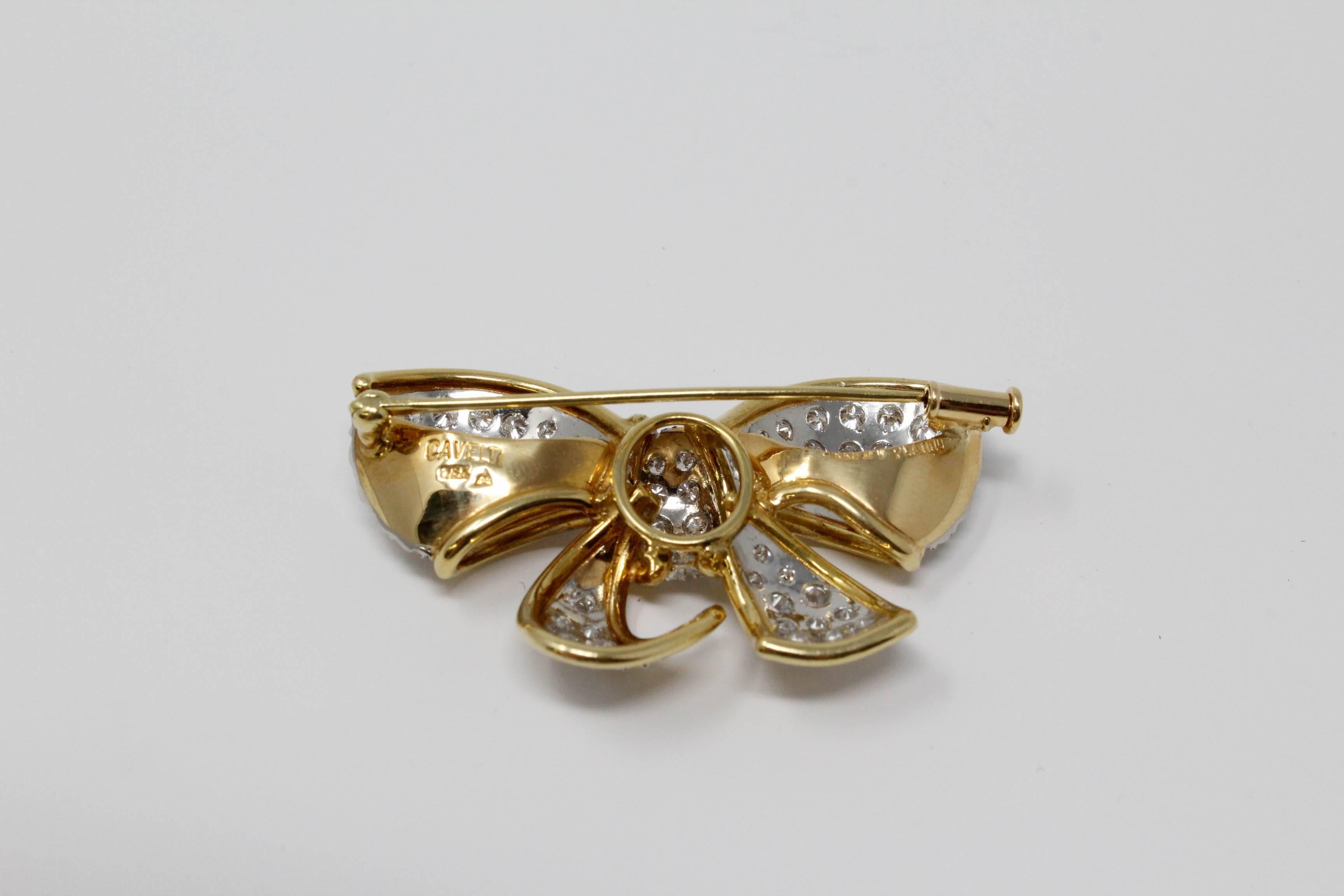 18 Karat Yellow Gold and Platinum Bow Pin with Diamonds For Sale 1