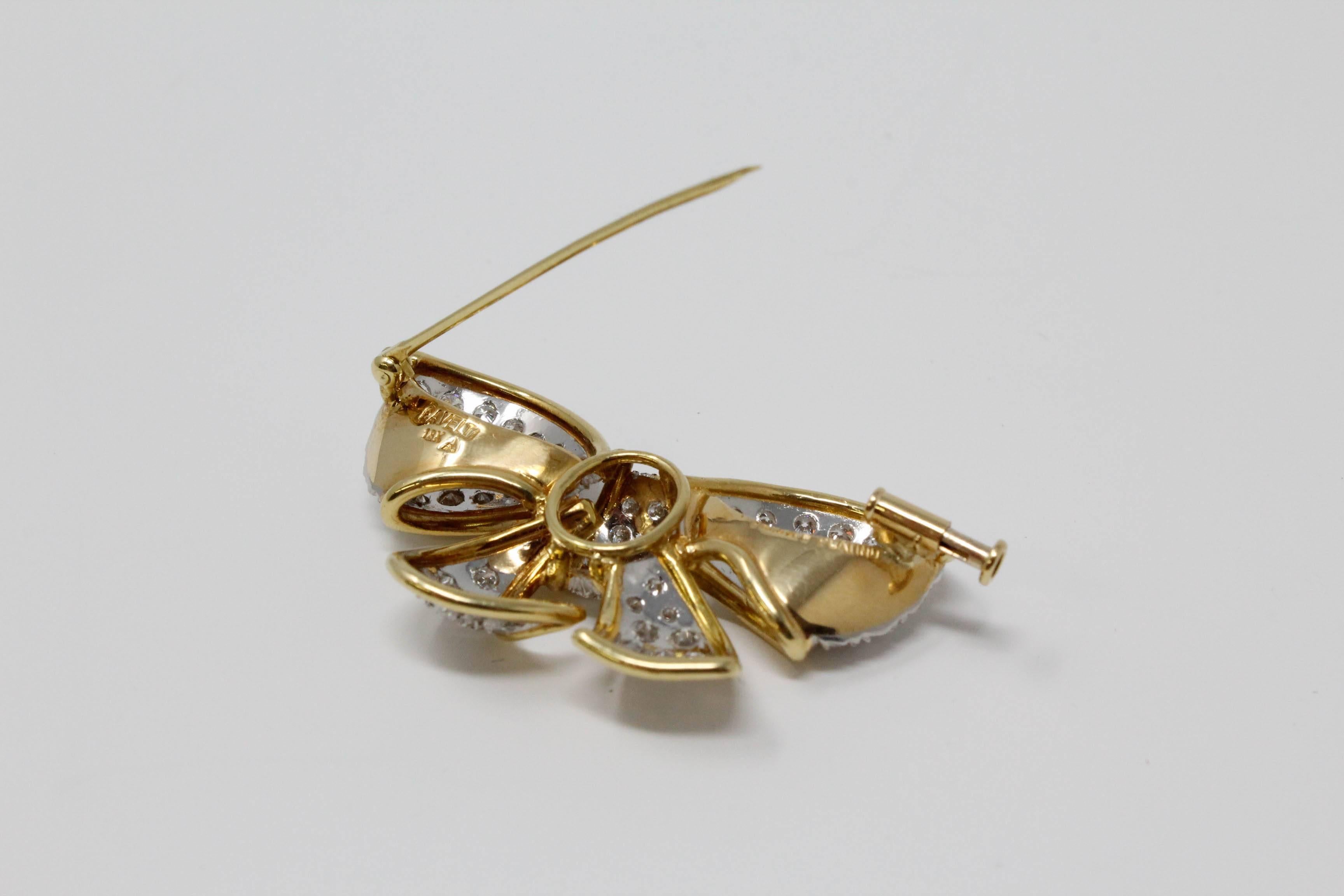 18 Karat Yellow Gold and Platinum Bow Pin with Diamonds For Sale 2