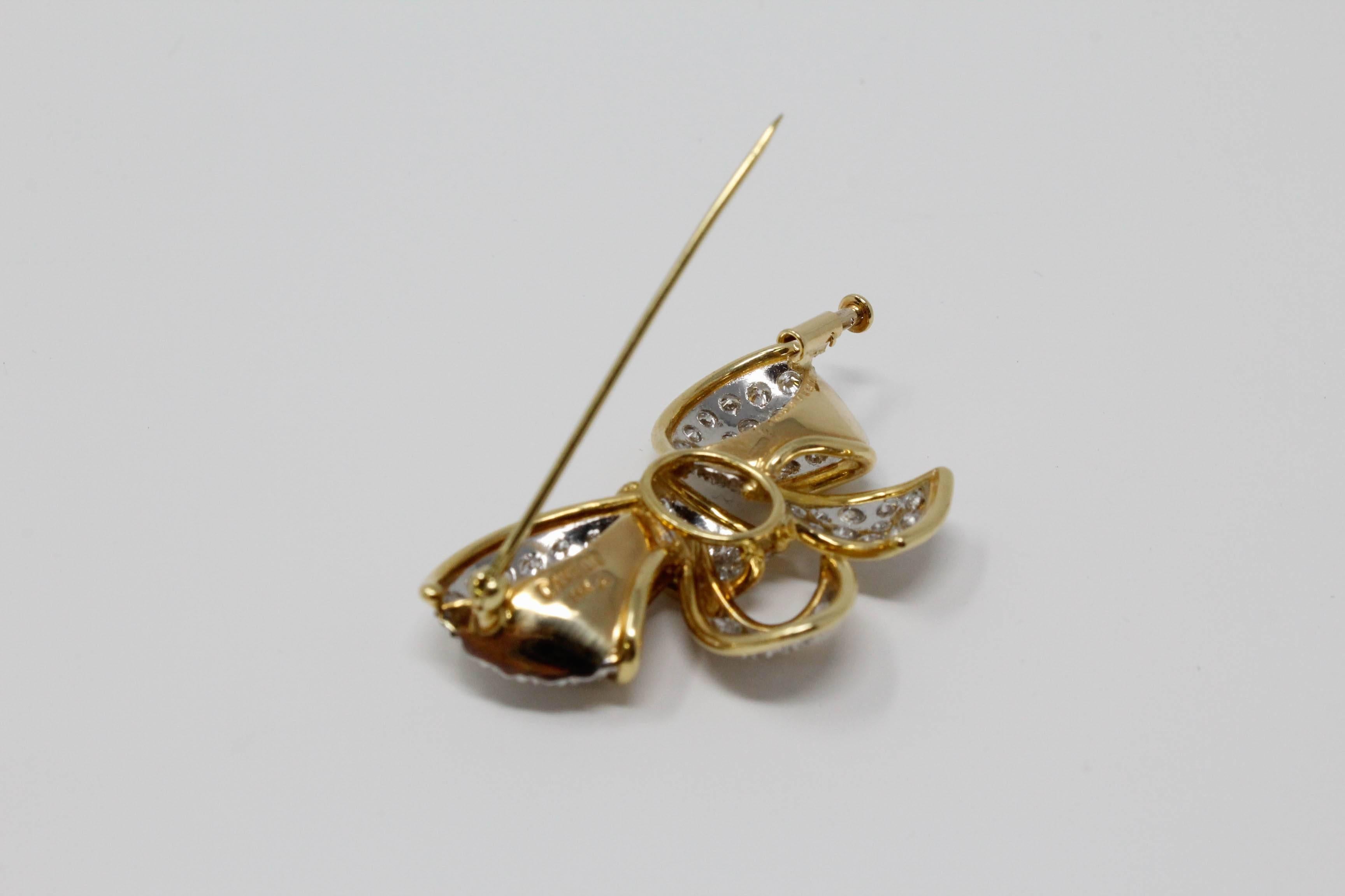 18 Karat Yellow Gold and Platinum Bow Pin with Diamonds For Sale 3