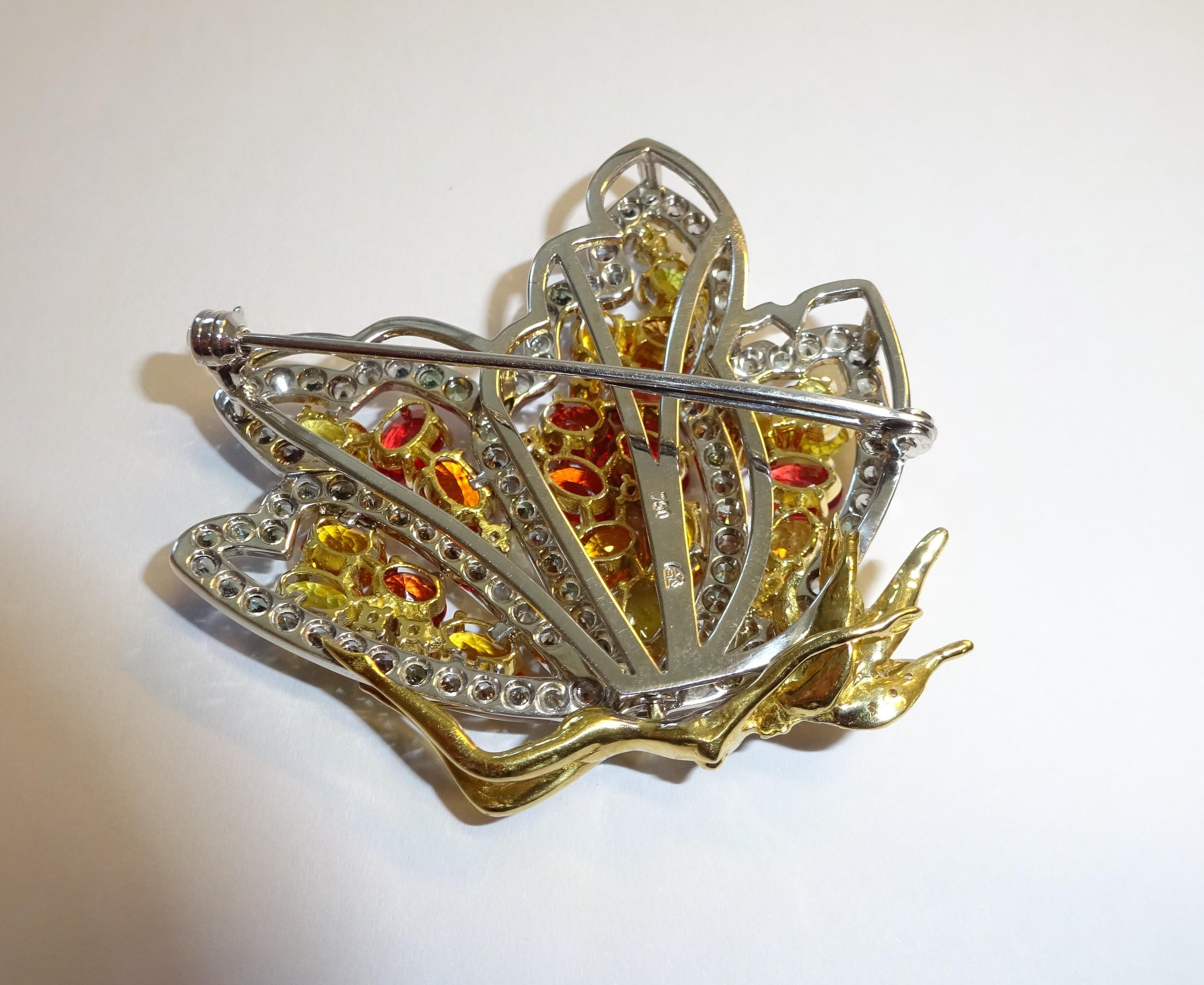 Mixed Cut 18 Karat YG/WG Diamond and Color Stones Brooch For Sale