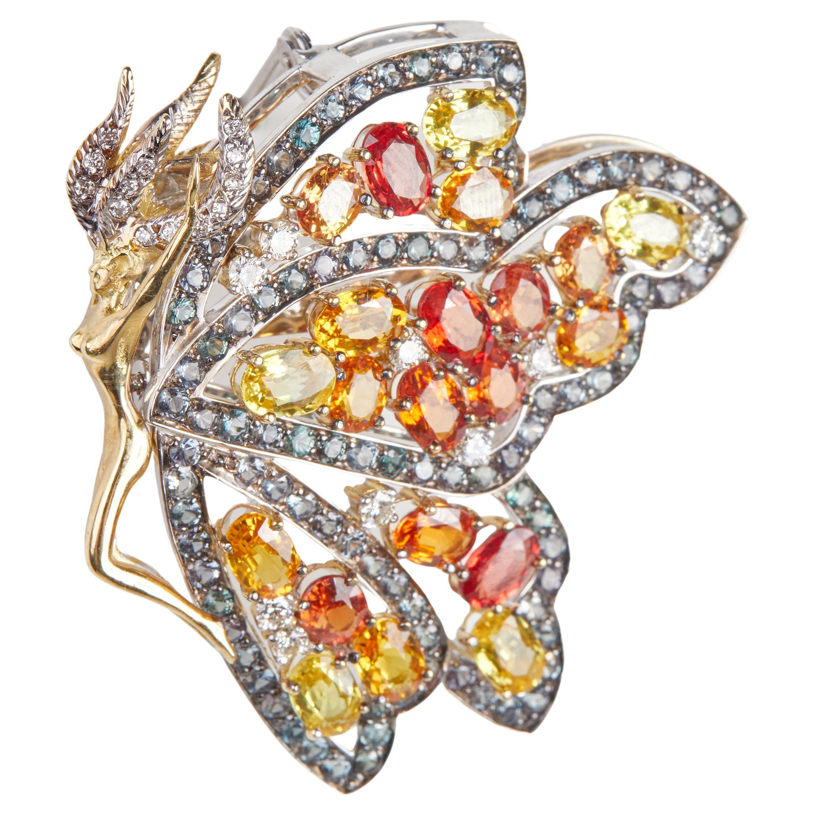 18 Karat YG/WG Diamond and Color Stones Brooch For Sale