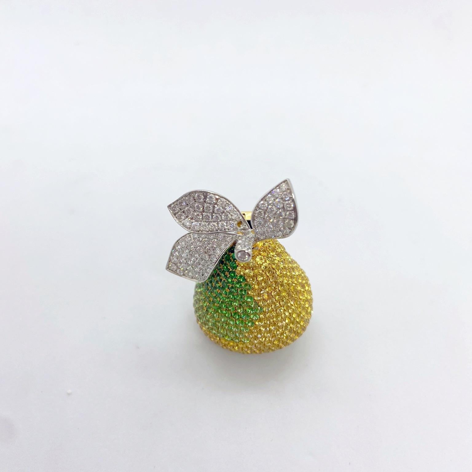 Round Cut 18 Karat YG & WG Pear Brooch with Diamonds, Yellow Sapphires and Tsavorites For Sale